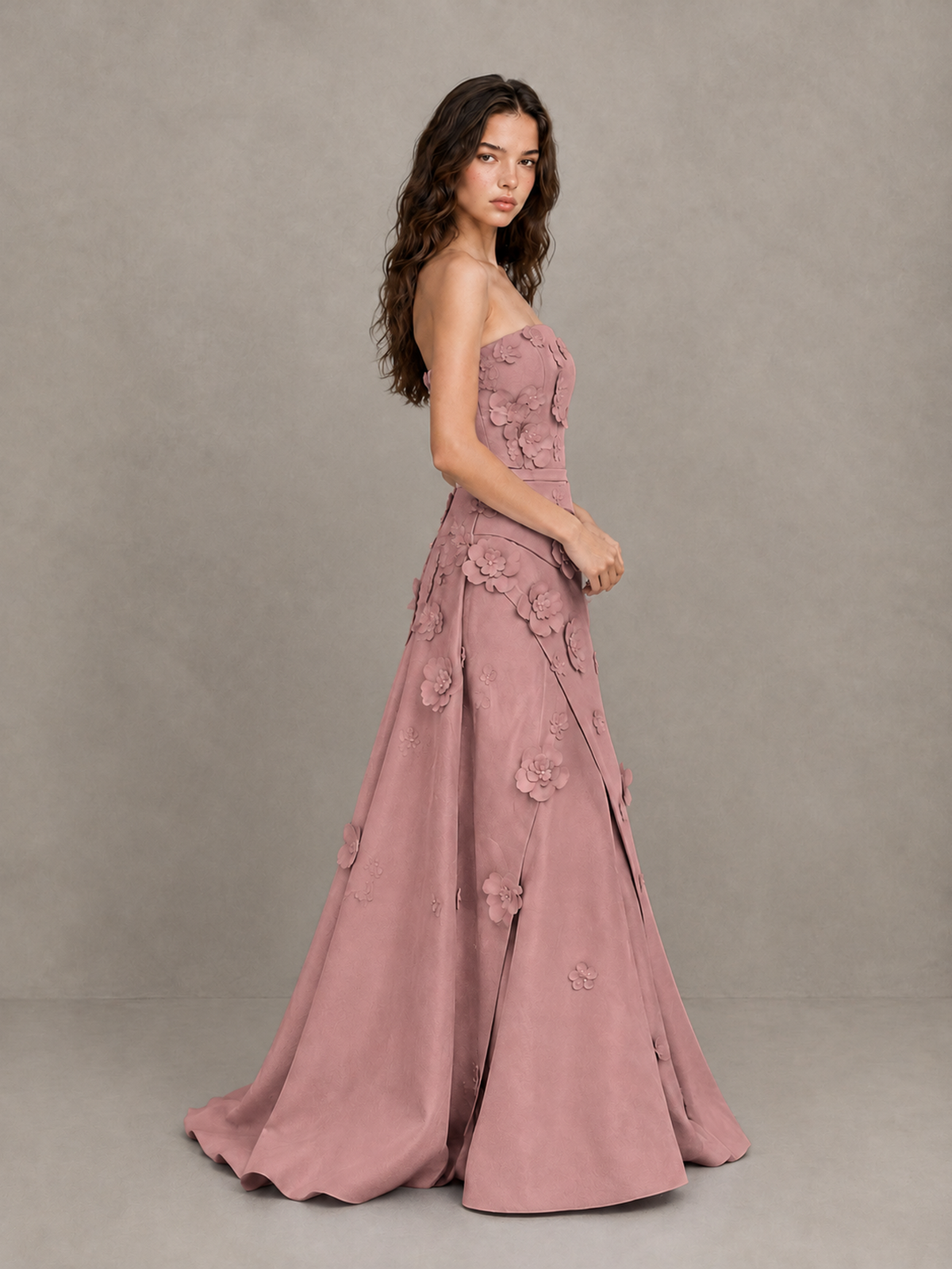 BOLODOO Dusty Rose Strapless 3D Floral Applique Prom Gown with Draped Skirt - Dusty Rose - Dusty Rose (3)