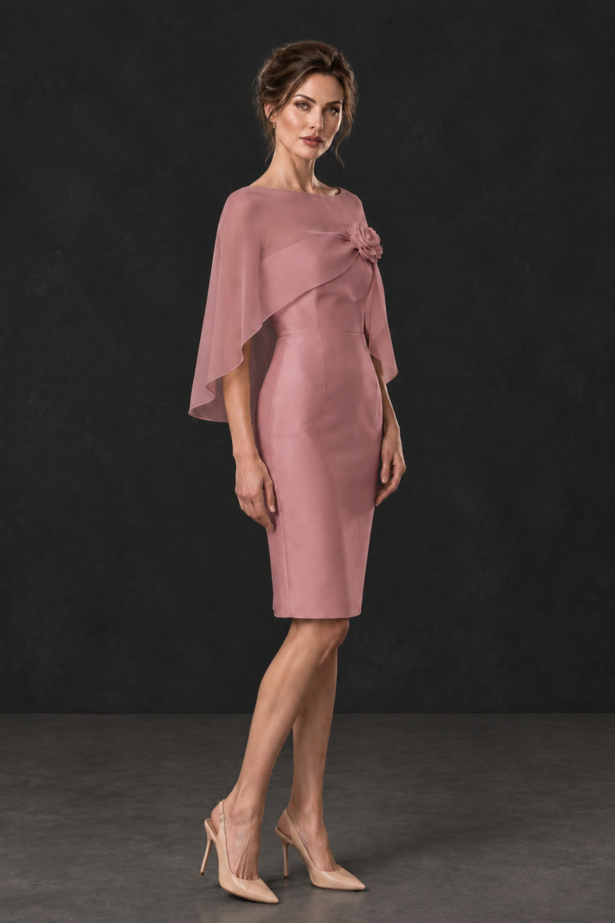 BOLODOO Dusty Rose Cape Knee-Length Mother of the Bride Dress - Dusty Rose - Dusty Rose (3)