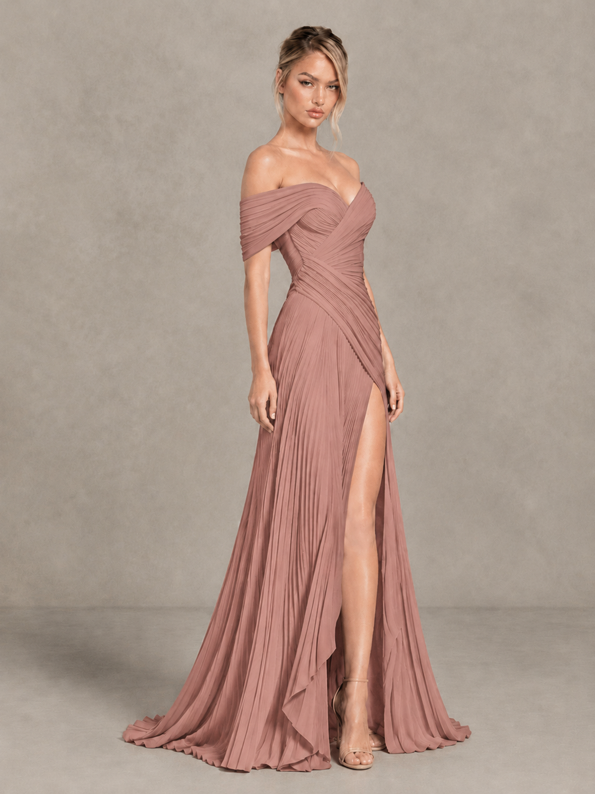 BOLODOO Dusty Rose Off-Shoulder Ruched Pleated Maxi Dress with High Slit - Dusty Rose - Dusty Rose (3)