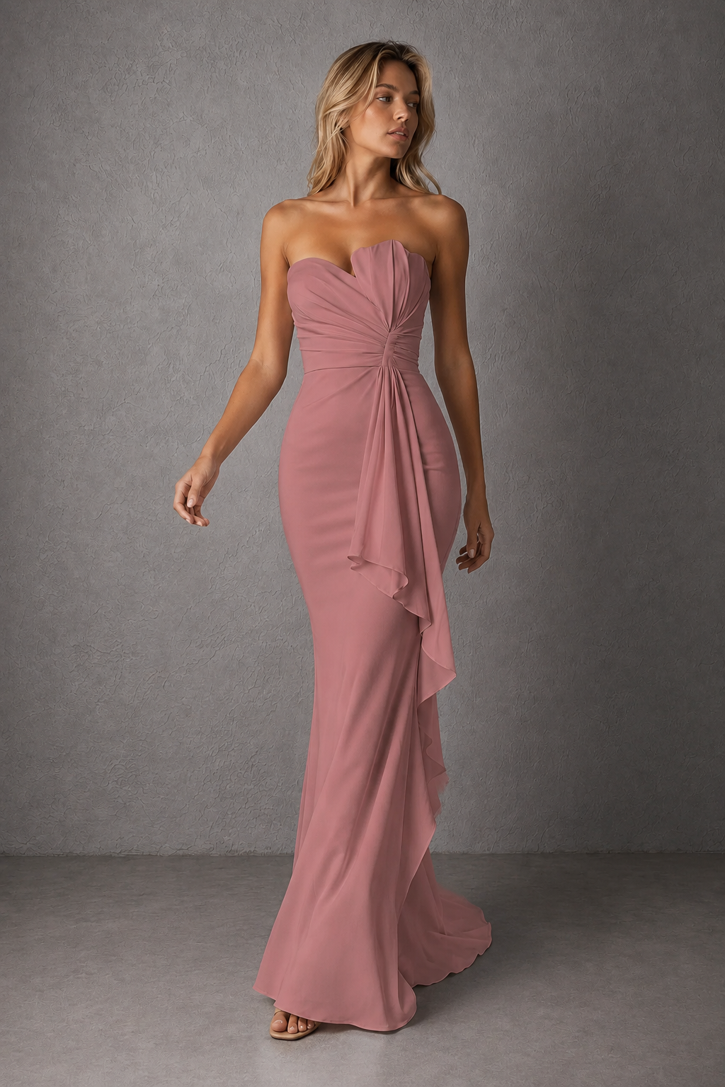 BOLODOO Dusty Rose Strapless Sweetheart Ruched Mermaid Gown | Cascade Drape Formal Evening Dress - Dusty Rose