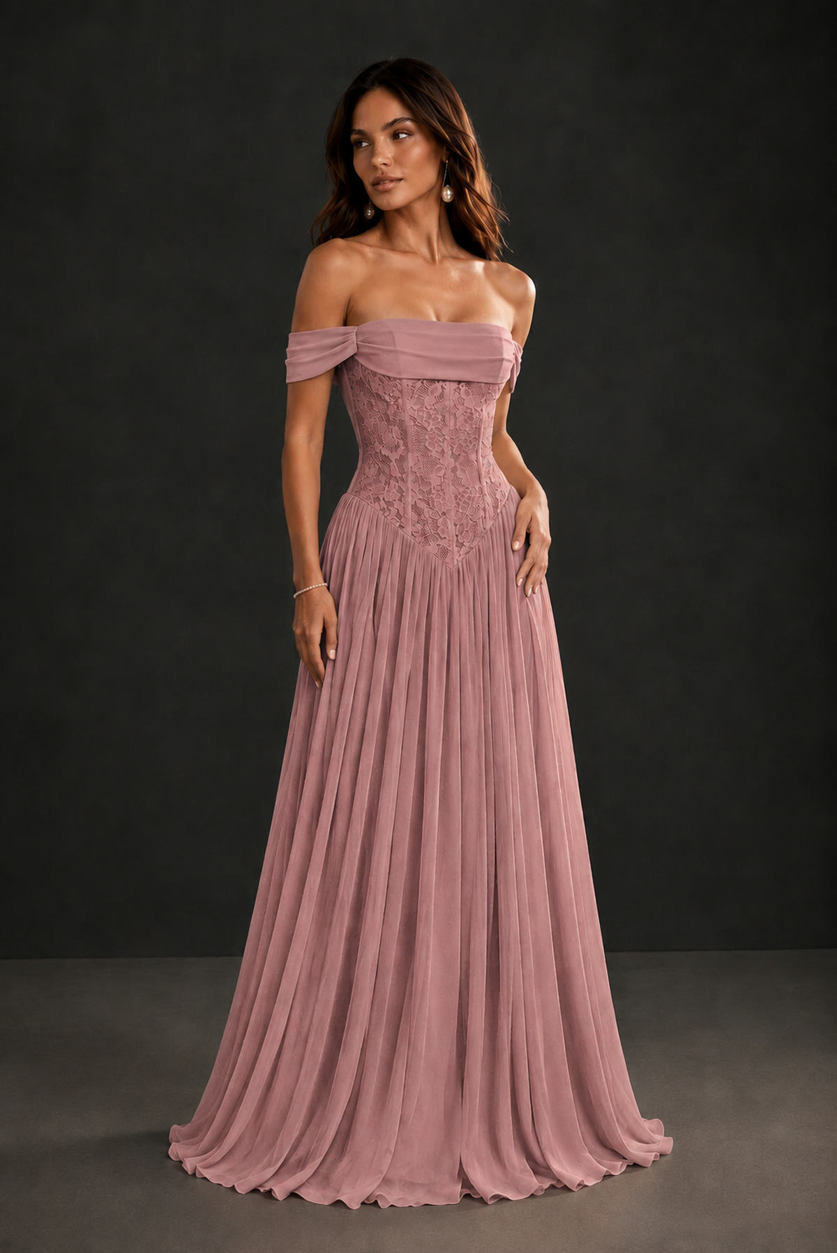 BOLODOO Dusty Rose Off-Shoulder Lace Corset Tulle Maxi Dress - Dusty Rose