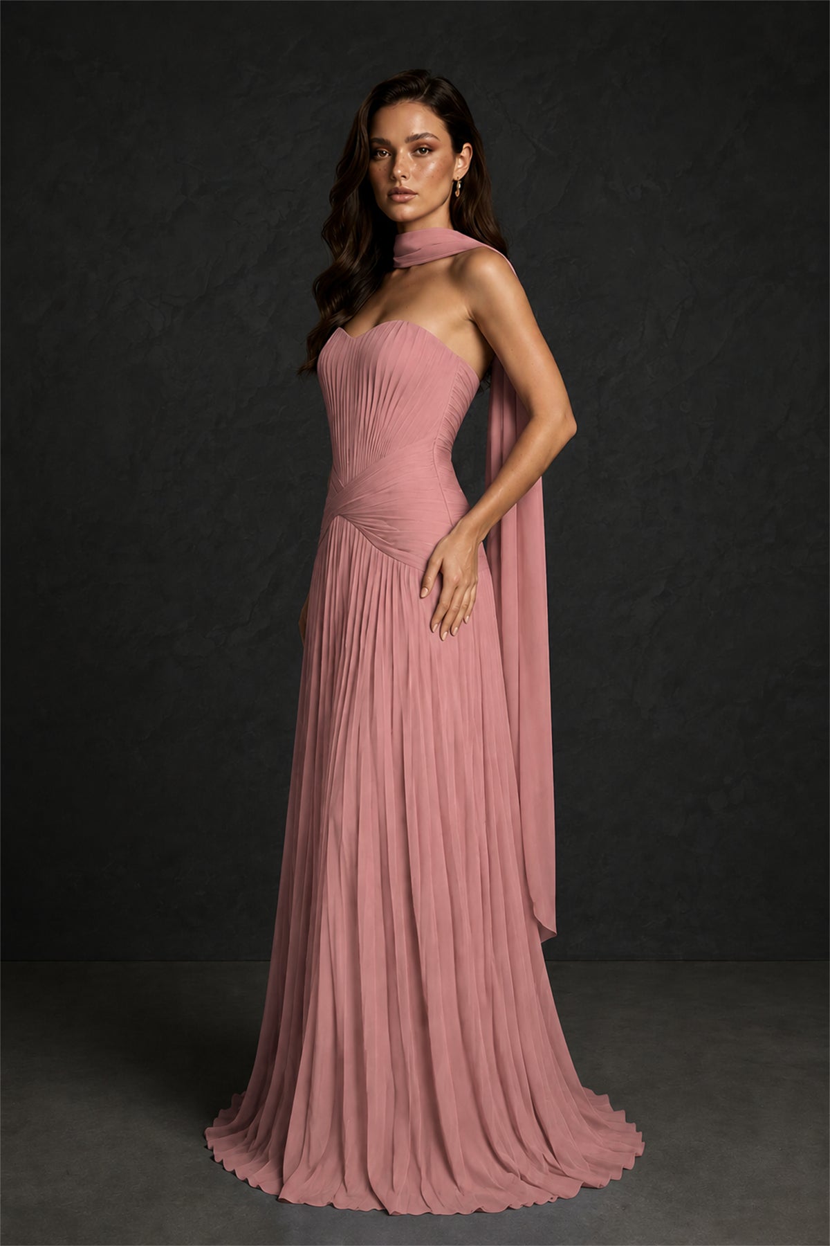 BOLODOO Dusty Rose Sweetheart Strapless Neck Scarf Pleated Backless A-Line Chiffon Maxi Dress - Dusty Rose