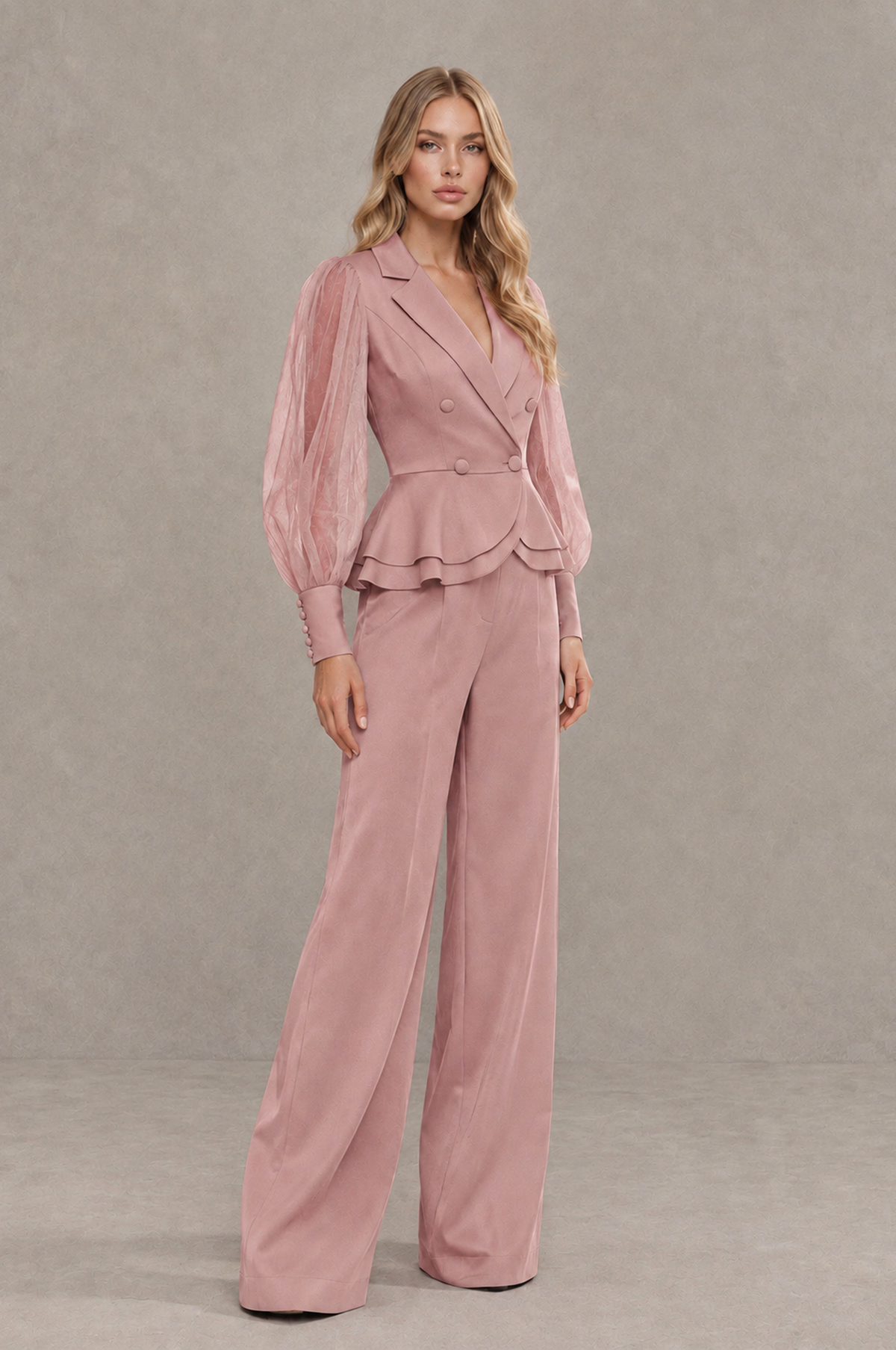 BOLODOO Mint Dusty Rose Peplum Blazer Wide-Leg Pantsuit with Sheer Puff Sleeves - Dusty Rose