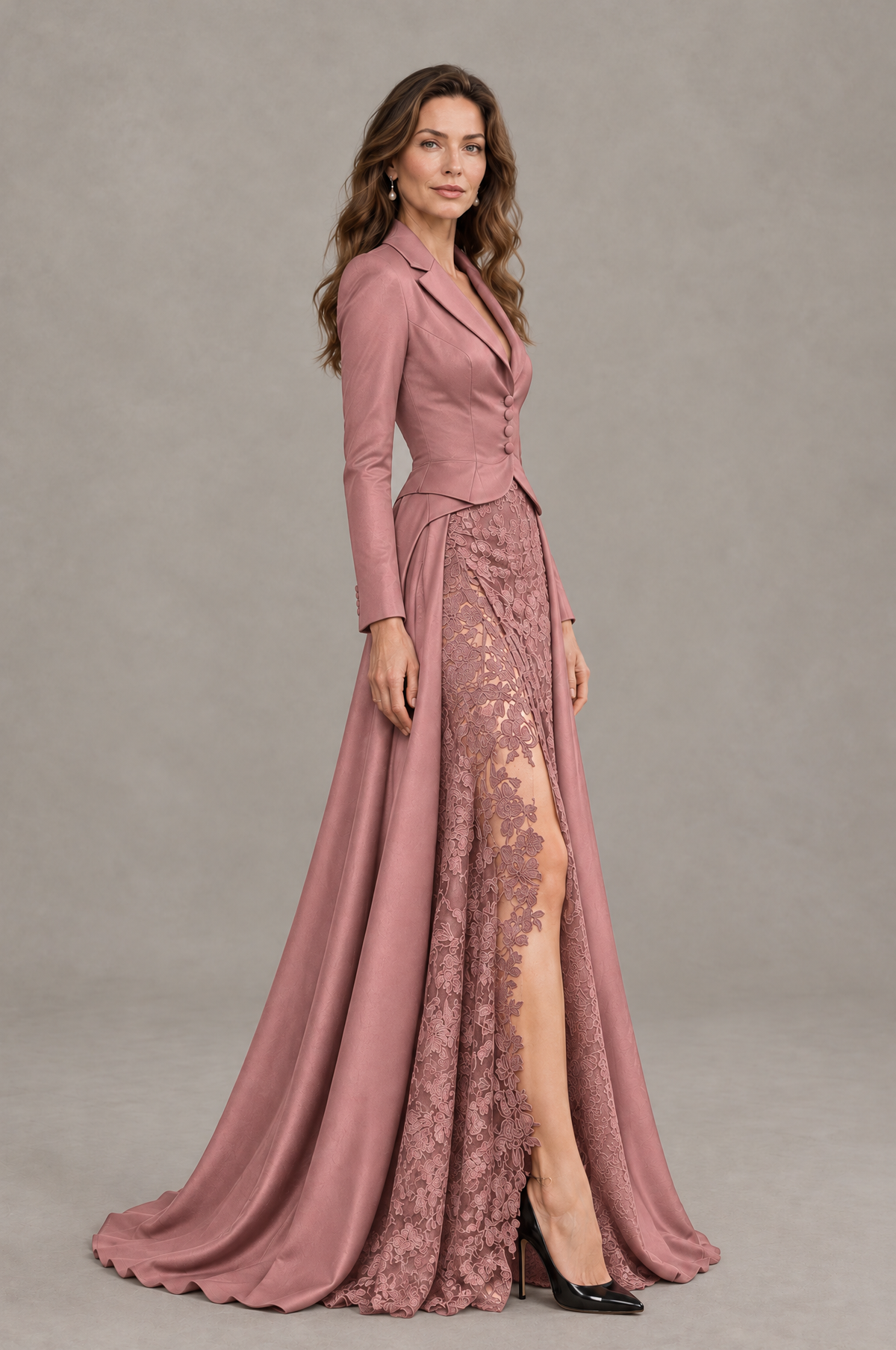 BOLODOO Dusty Rose Long Sleeve Lace Blazer Gown with High Slit - Dusty Rose - Dusty Rose (3)