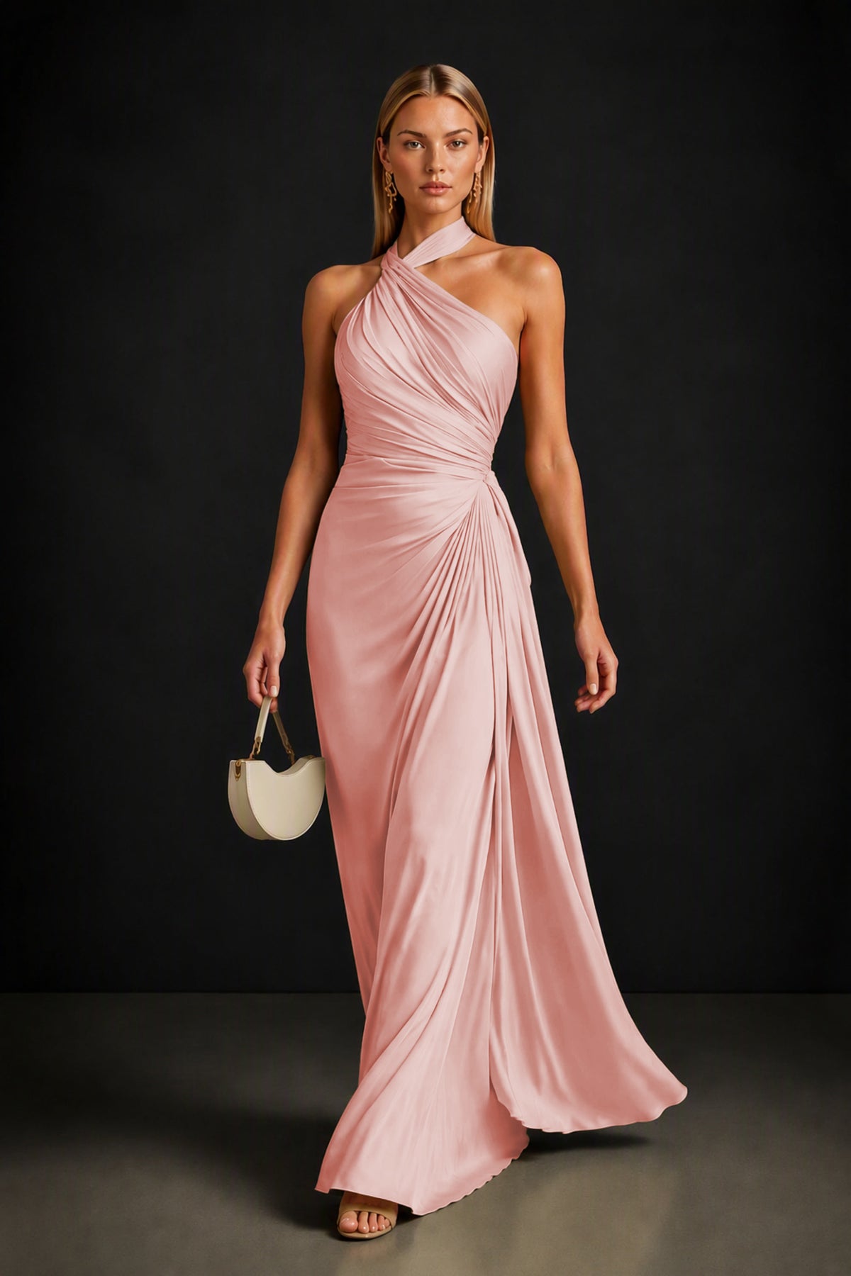 BOLODOO Dusty Rose Twisted Halter Neck Ruched Sleeveless Open Back Floor-Length Gown - Dusty Rose