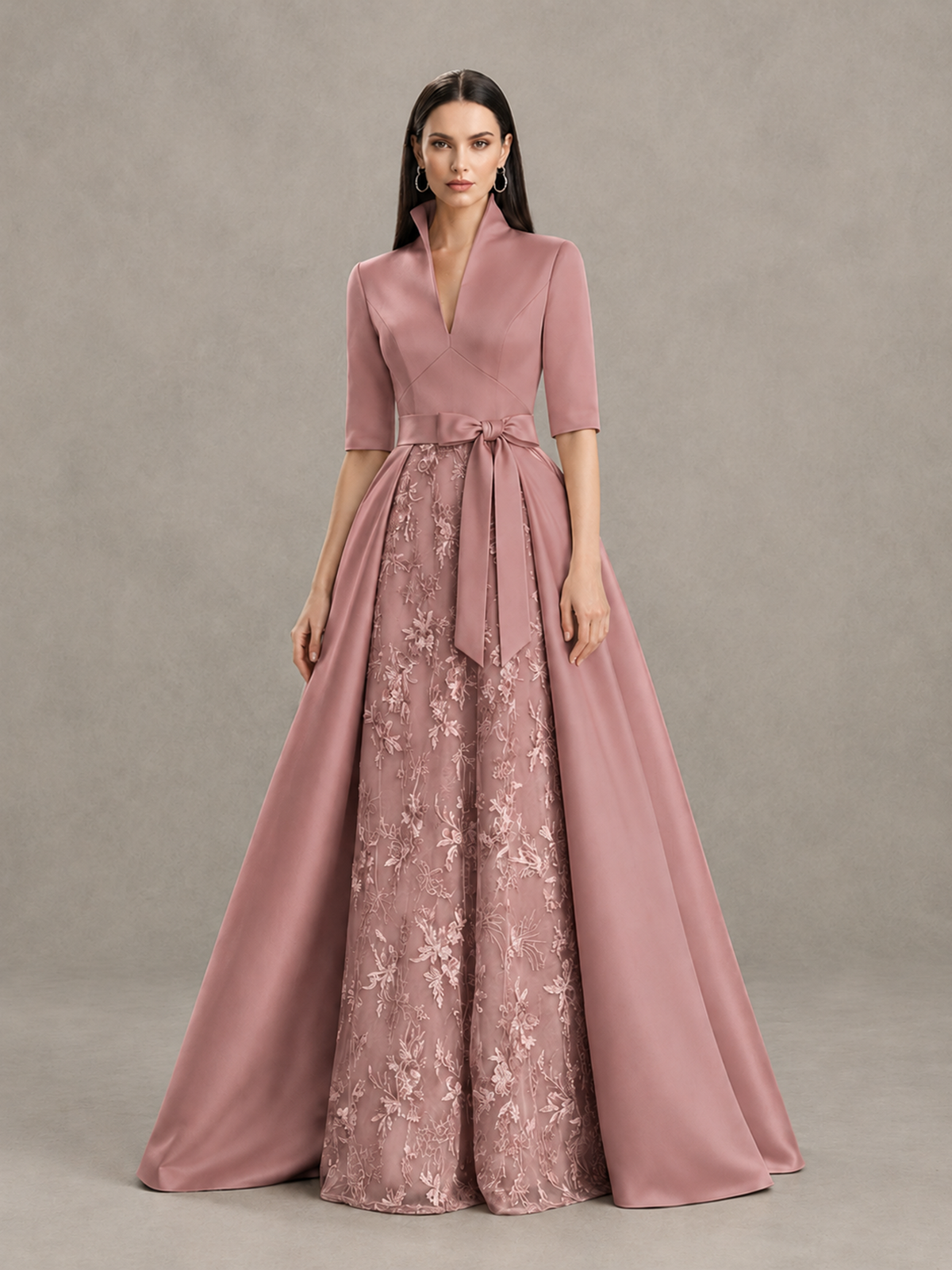 BOLODOO Dusty Rose Stand Collar Bow Waist Floral Embroidered Evening Gown - Dusty Rose - Dusty Rose (3)