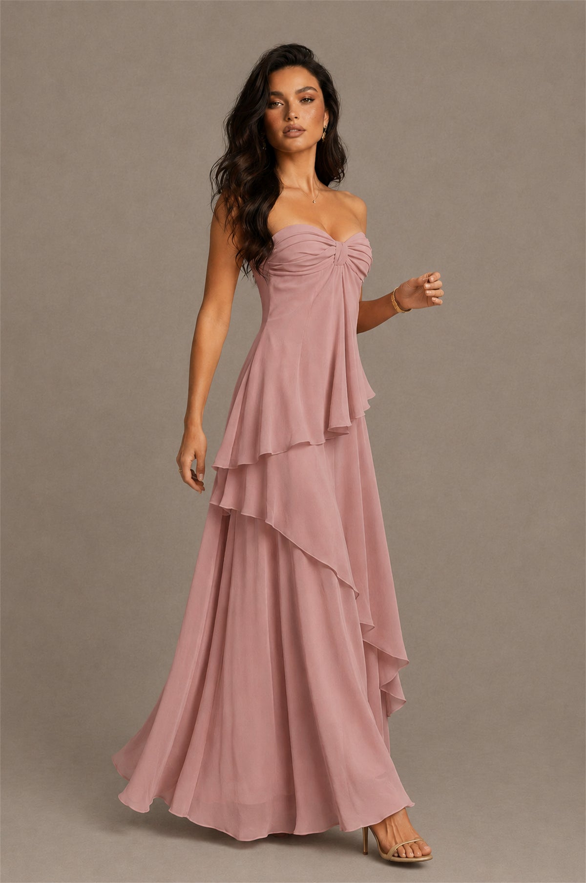 BOLODOO Dusty Rose Strapless Sweetheart Knotted Chiffon Tiered Maxi Dress with Lace-Up Back - Dusty Rose