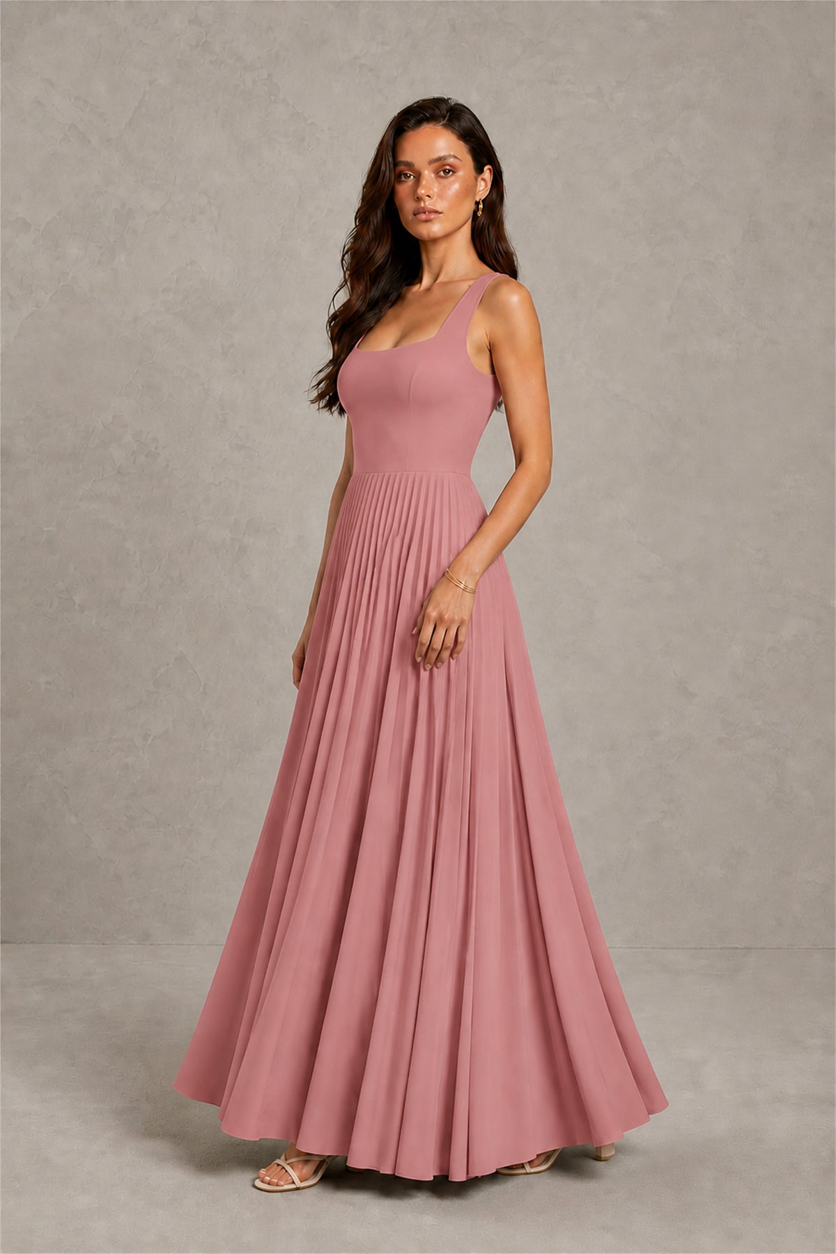 BOLODOO Dusty Rose Square Neck Wide Strap Lace-Up Back Pleated A-Line Chiffon Maxi Dress - Dusty Rose