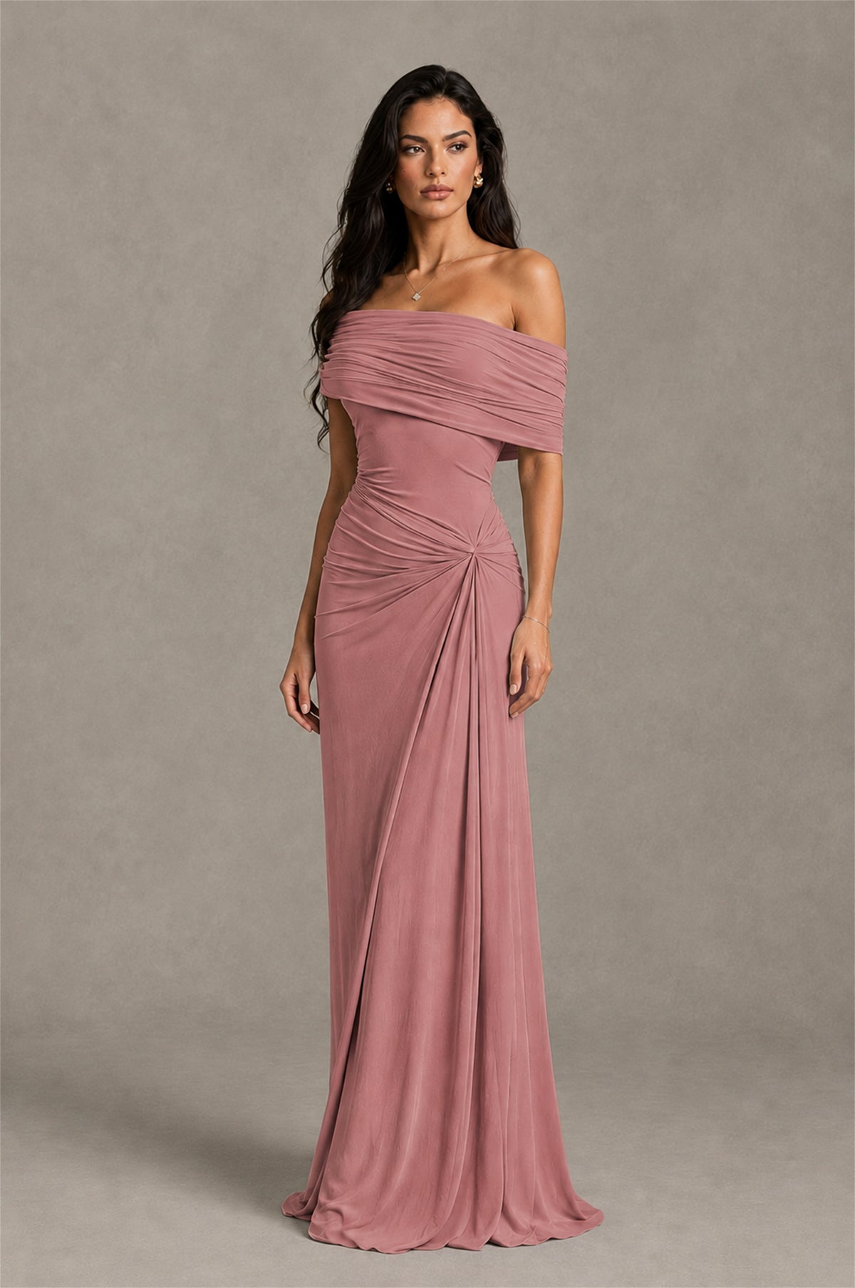 BOLODOO Dusty Rose Off-Shoulder Ruched Maxi Dress - Dusty Rose