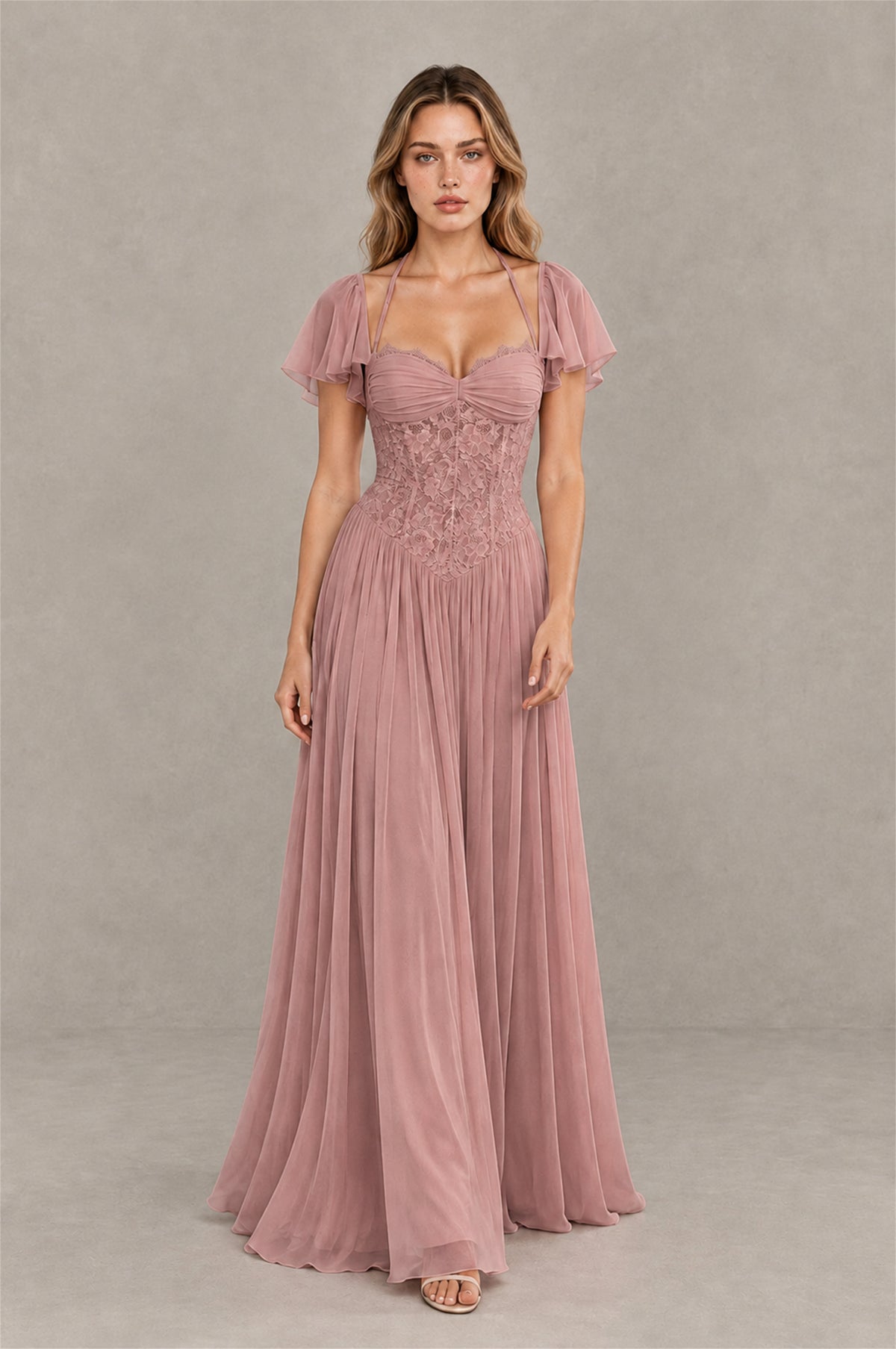 BOLODOO Dusty Rose Flutter Sleeve Lace Corset A-Line Maxi Dress - Dusty Rose - Dusty Rose (3)