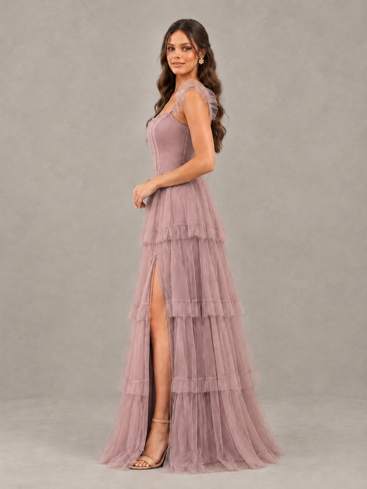 BOLODOO Dusty Rose Tiered Tulle Bridesmaid Dress with Slit - Dusty Rose - Dusty Rose (3)