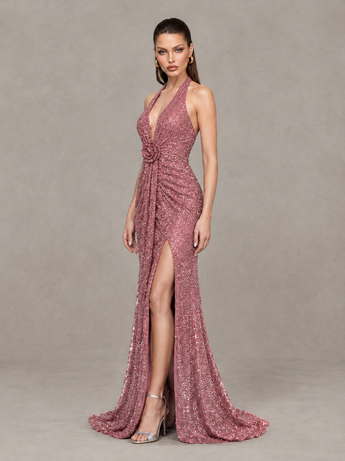 BOLODOO Dusty Rose Sequin Halter Open Back Evening Gown with High Slit - Dusty Rose - Dusty Rose (3)