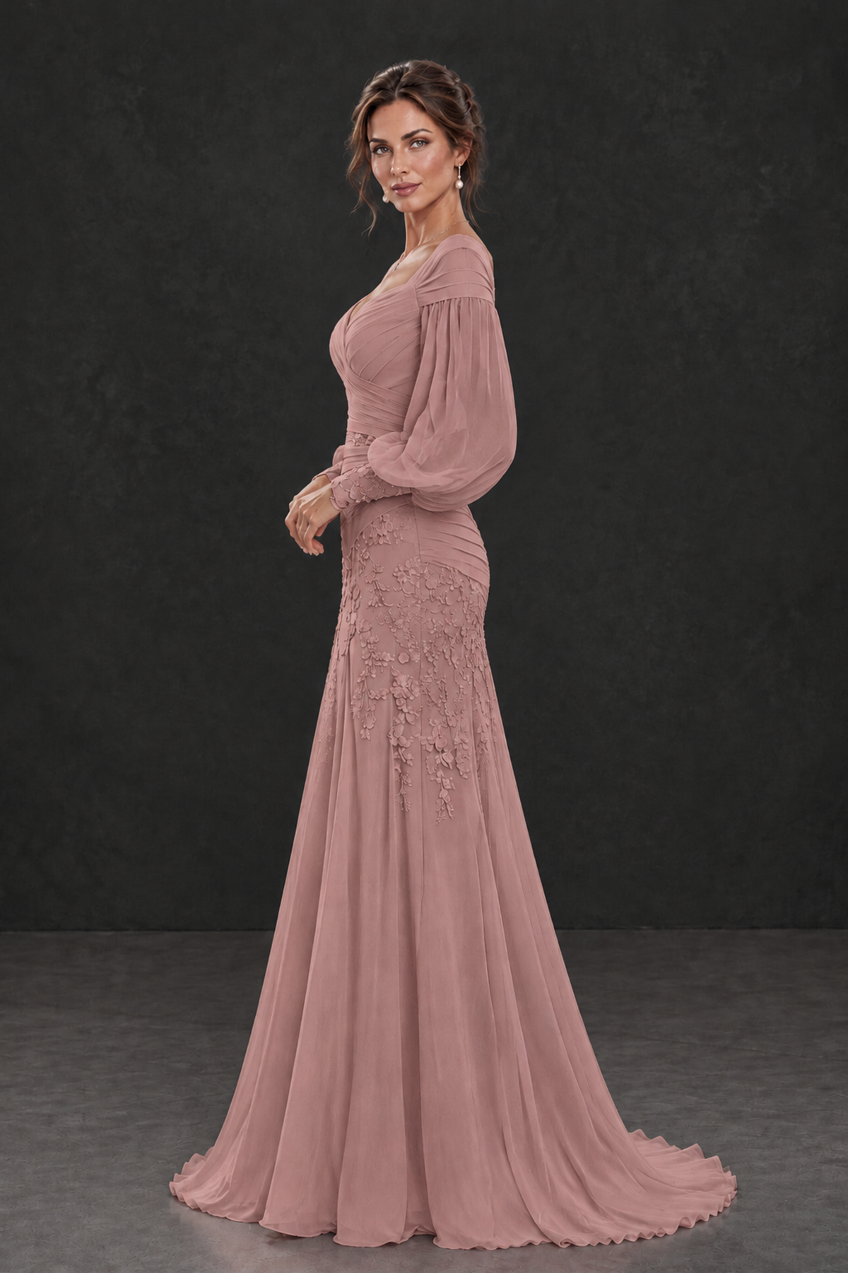 BOLODOO Dusty Rose Long Sleeve Mother of the Bride Dress with Floral Appliqués - Dusty Rose - Dusty Rose (3)