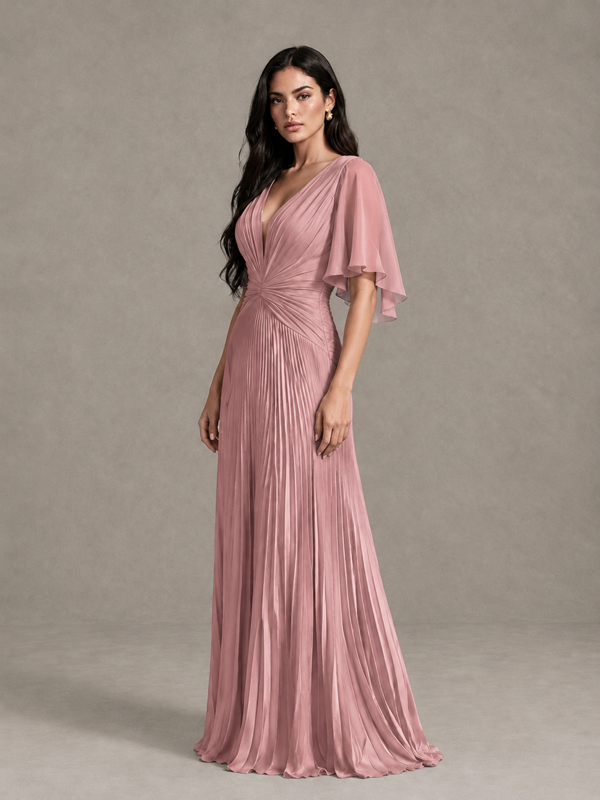 BOLODOO Dusty Rose Pleated V-Neck Flutter Sleeve Bridesmaid Dress - Dusty Rose - Dusty Rose (3)