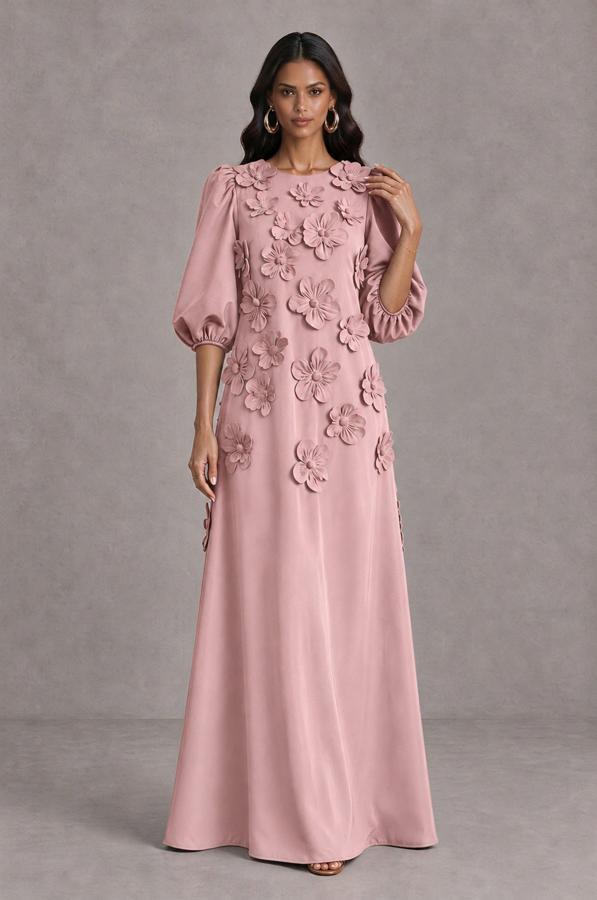 BOLODOO Dusty Rose Floral Applique Puff Sleeve A-Line Evening Dress - Dusty Rose - Dusty Rose (3)