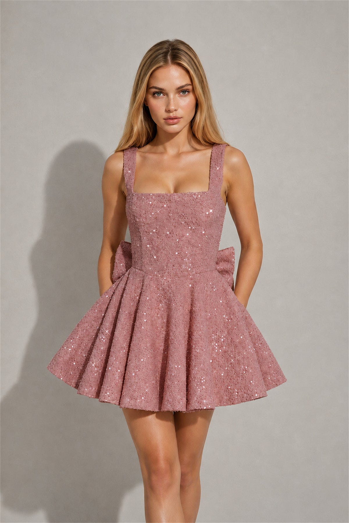 BOLODOO Dusty Rose Sequin Square Neck Wide Strap Bow Waist Open Back Fit and Flare Mini Dress | Prom Birthday Party Dress - Dusty Rose