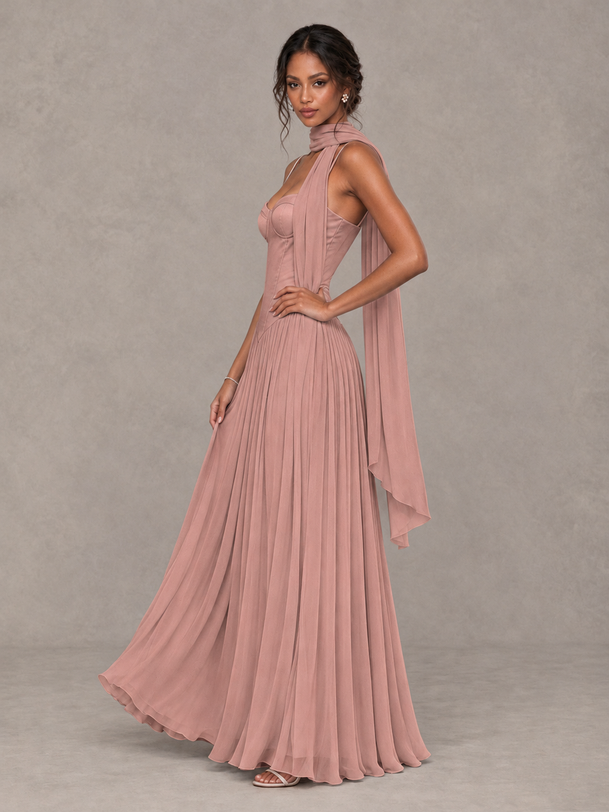 BOLODOO Dusty Rose Corset Bridesmaid Dress with Scarf - Dusty Rose - Dusty Rose (3)