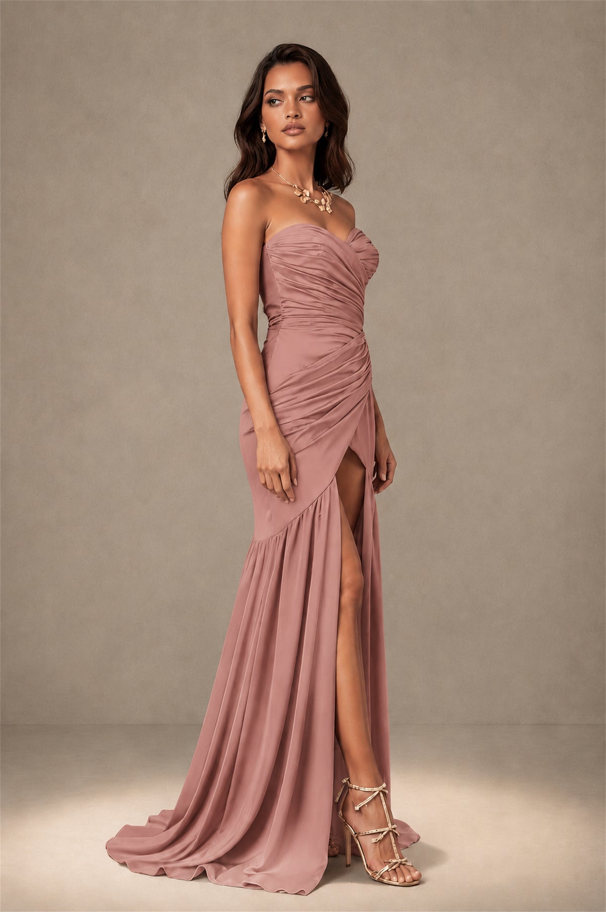 BOLODOO Dusty Rose Brown Stretch Satin Sweetheart Strapless Ruched Open Back High Slit Mermaid Maxi Dress - Dusty Rose