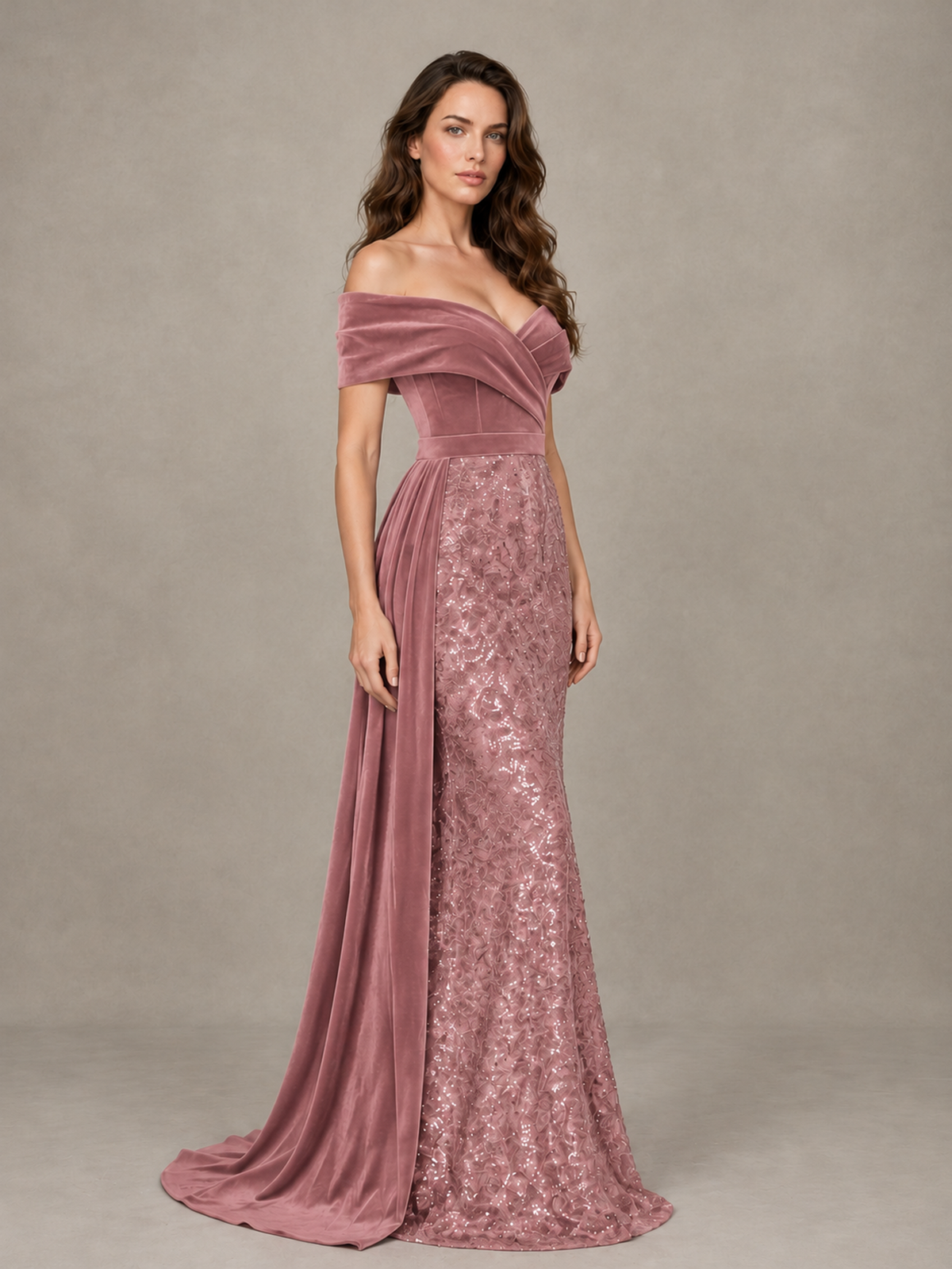 BOLODOO Dusty Rose Off-Shoulder Velvet & Sequin Evening Gown with Side Train - Dusty Rose - Dusty Rose (3)