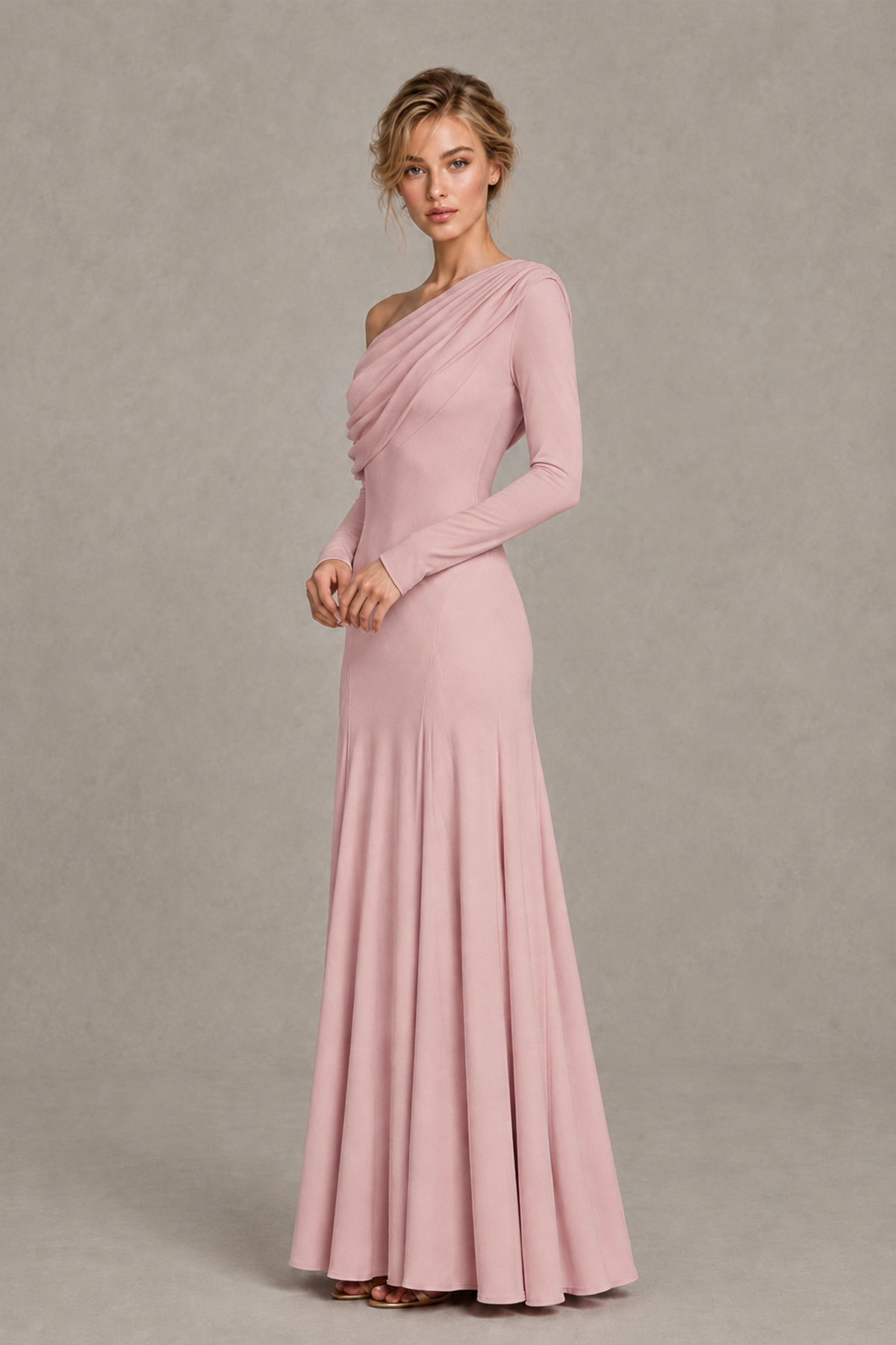 BOLODOO Dusty Rose Asymmetric Draped Long Sleeve Evening Gown - Dusty Rose