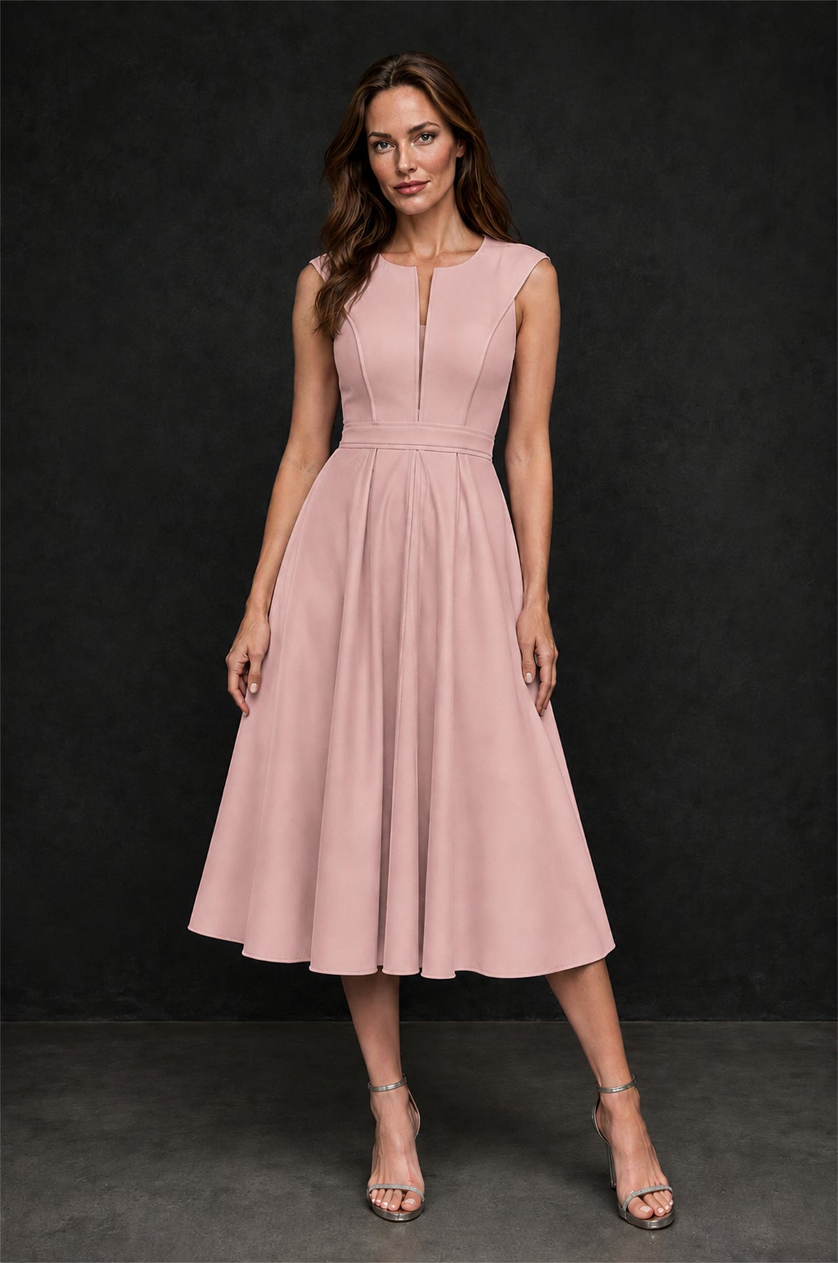 BOLODOO Dusty Rose 3D Rosette Appliqué 3/4 Sleeve Jacket & V-Notch Sleeveless A-Line Tea-Length Two-Piece Dress Set - Dusty Rose