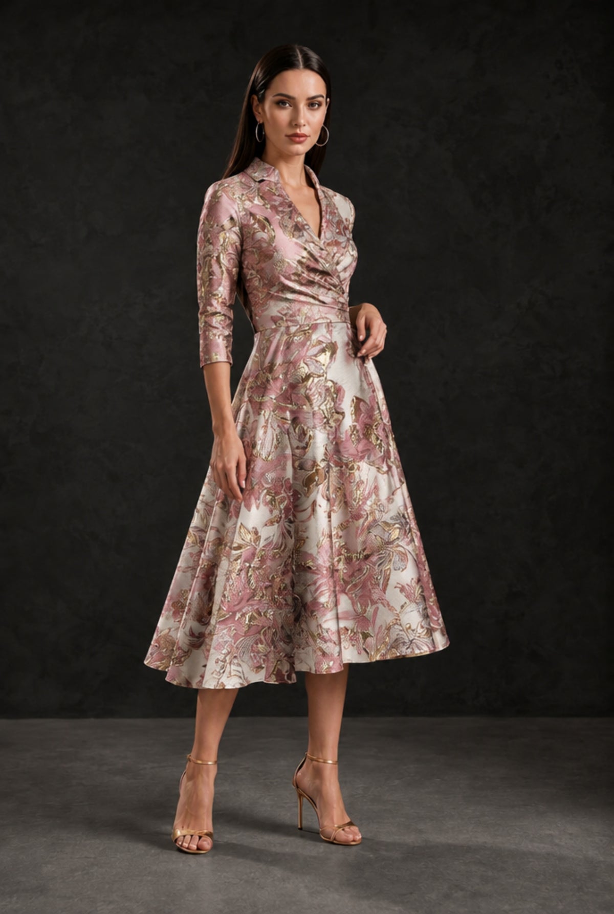 BOLODOO Dusty Rose Gold Floral Jacquard Wrap Midi Dress with Three-Quarter Sleeves - Dusty Rose - Dusty Rose (3)