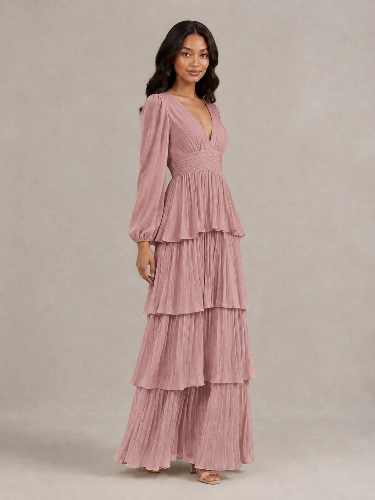 BOLODOO Dusty Rose Long-Sleeve Tiered Maxi Dress with Deep V-Neck - Dusty Rose