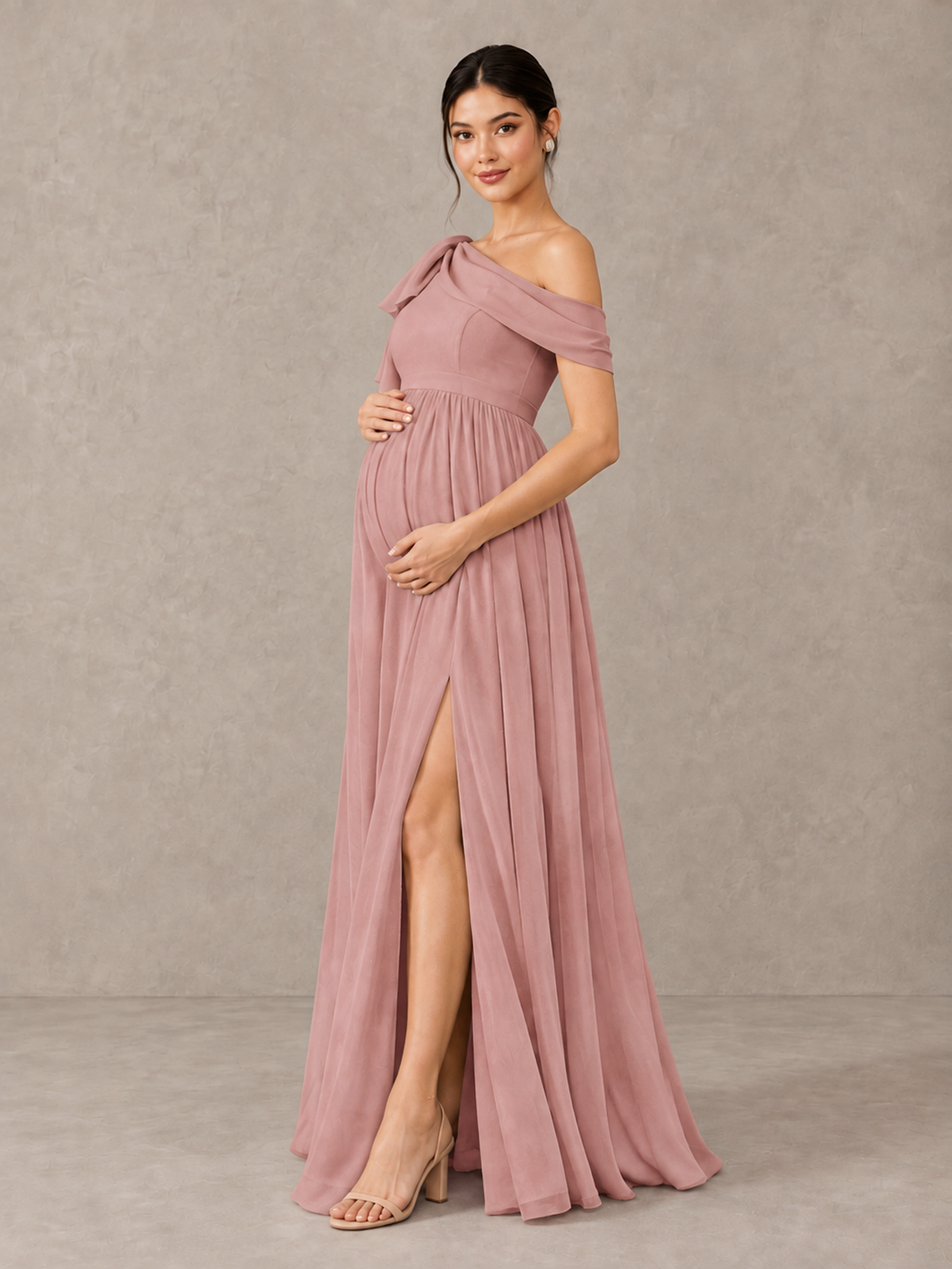 BOLODOO Dusty Rose One-Shoulder Maternity Bridesmaid Dress with Slit - Dusty Rose - Dusty Rose (3)