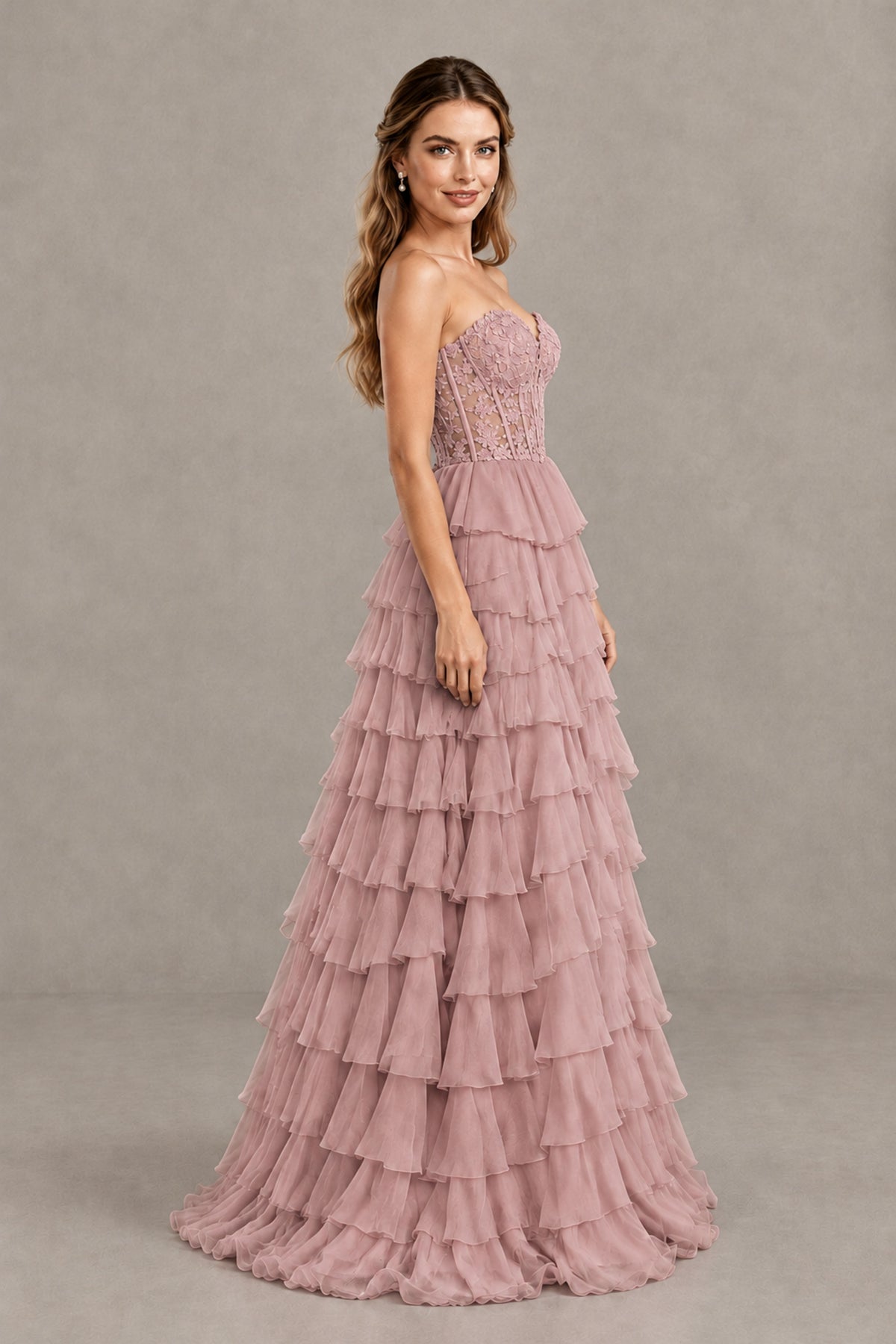 BOLODOO Dusty Rose Strapless Lace Corset Tiered Ruffle Prom Dress with Slit - Dusty Rose - Dusty Rose (3)