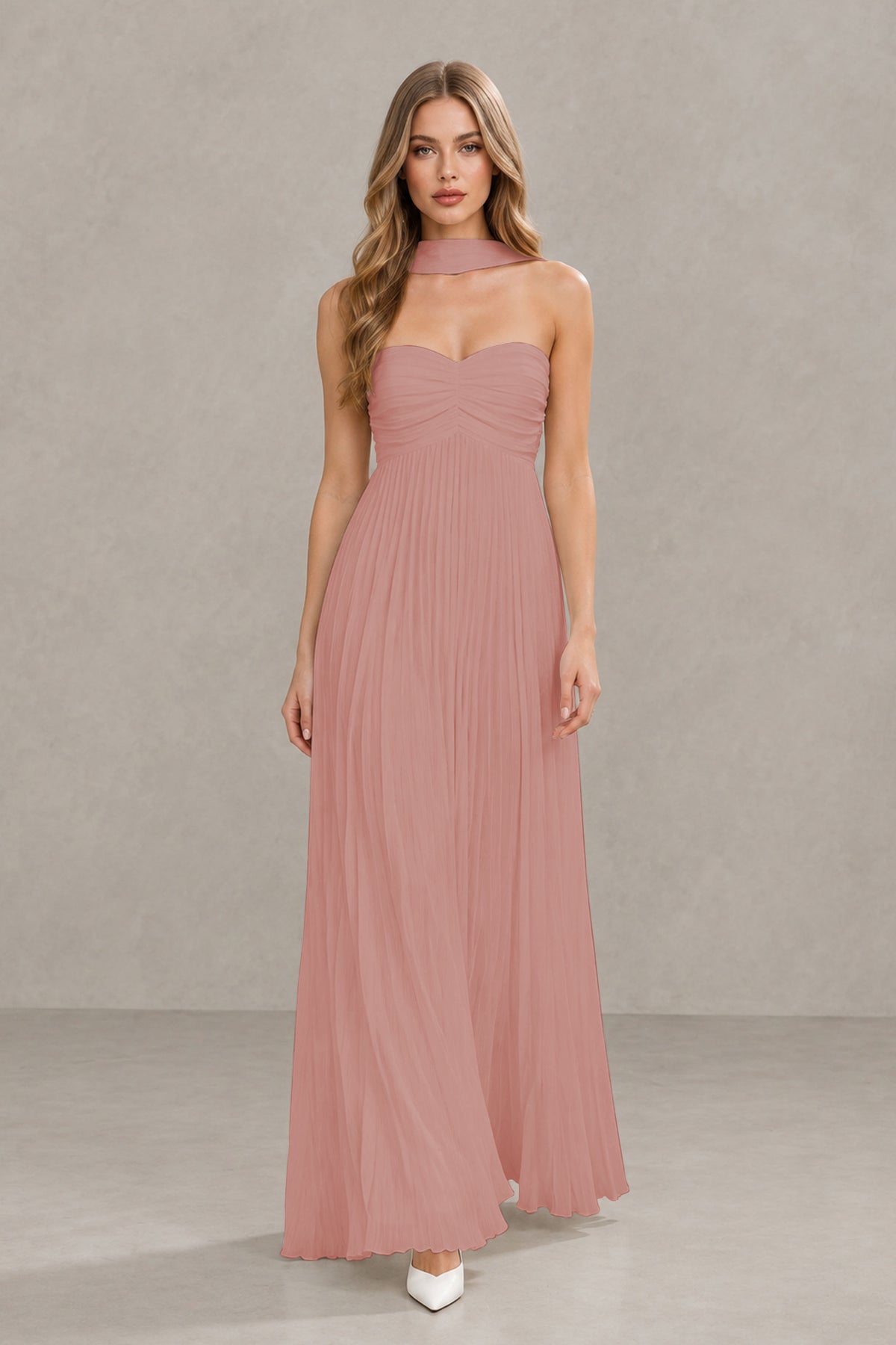 BOLODOO Dusty Rose Strapless Chiffon-Look Maxi Dress with Lace-Up Back & Cape - Dusty Rose
