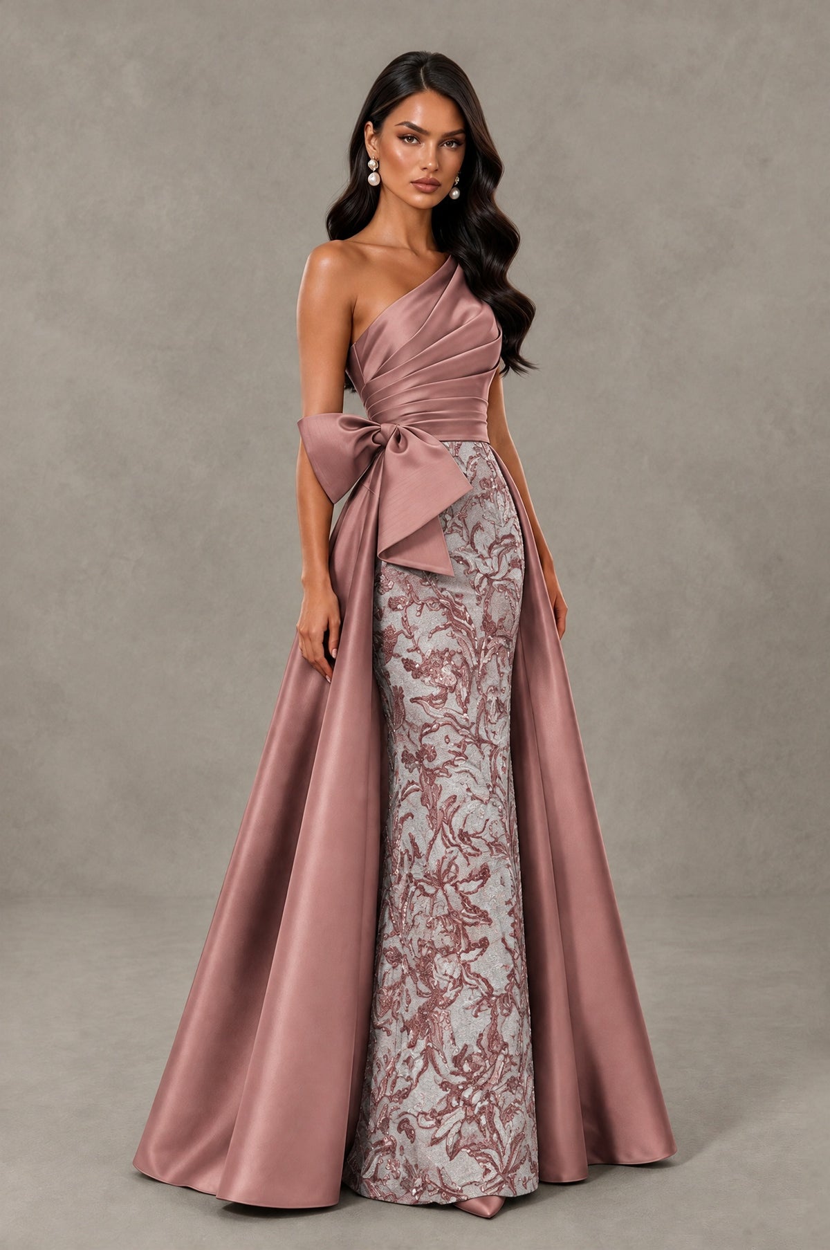 BOLODOO Dusty Rose One Shoulder Satin Mermaid Formal Evening Gown with Bow - Dusty Rose - Dusty Rose (3)