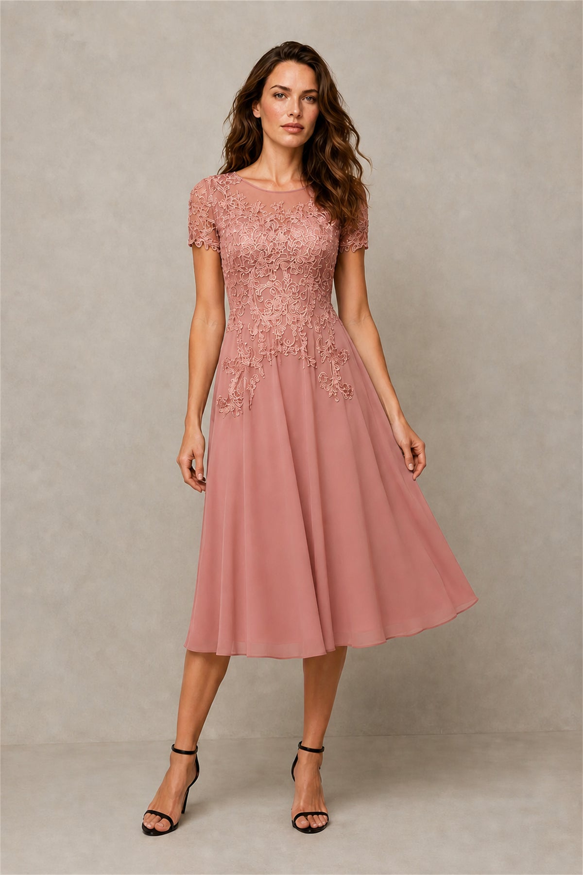 BOLODOO Steel Dusty Rose Beaded Lace Illusion Bodice Chiffon Tea-Length Dress | Mother of the Bride & Cocktail Party - Dusty Rose