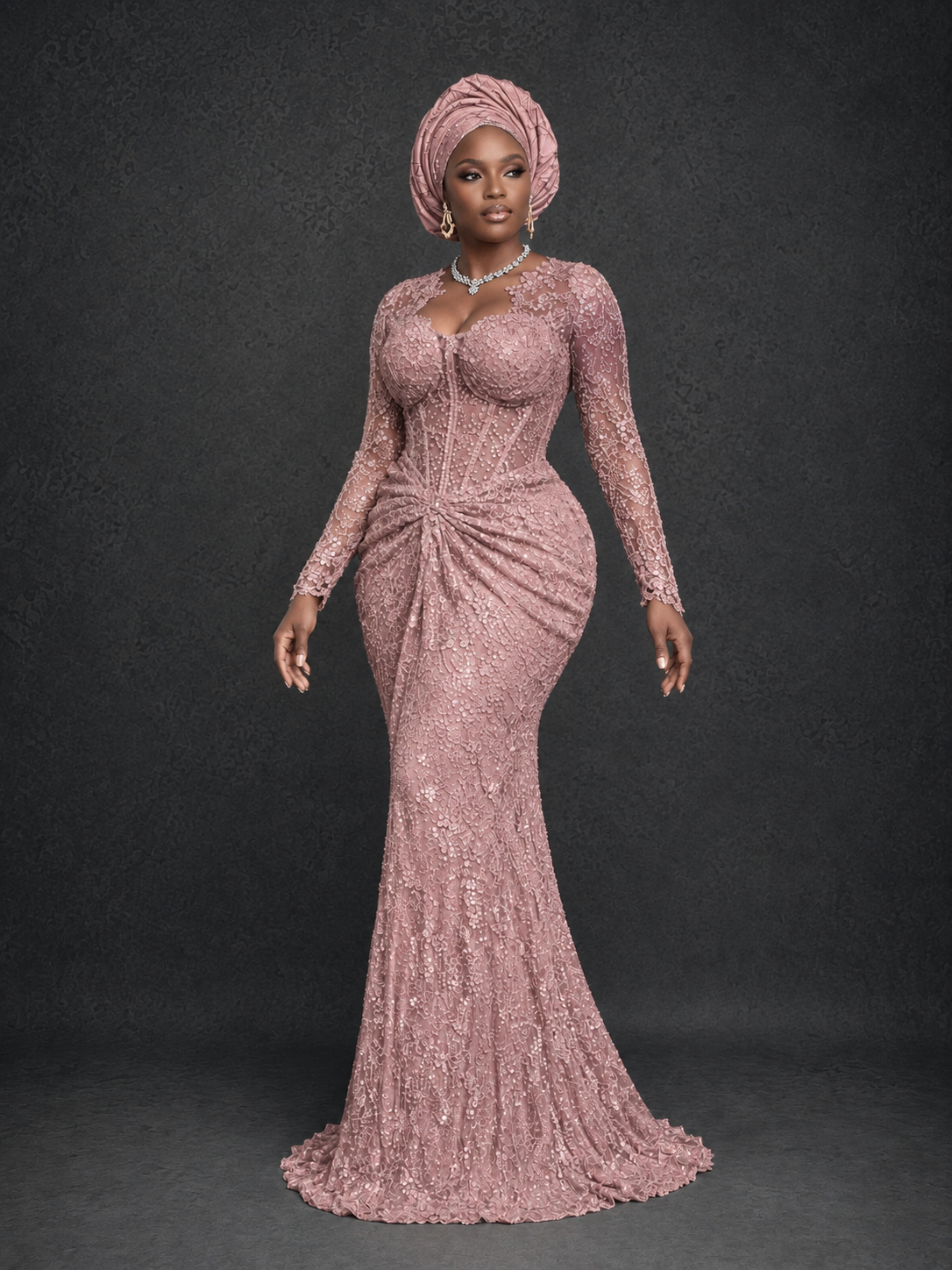 BOLODOO Dusty Rose Beaded Lace Long Sleeve Mermaid Gown Sweetheart | Mother of the Bride - Dusty Rose