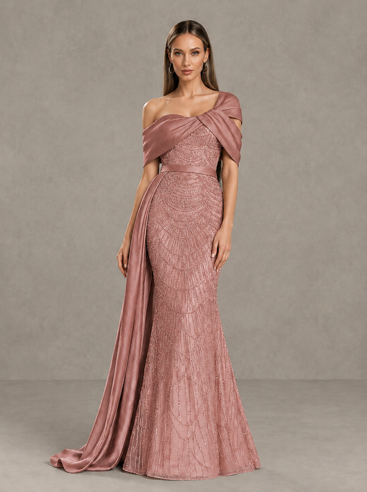 BOLODOO Dusty Rose Asymmetric Draped Mermaid Evening Gown with Train - Dusty Rose - Dusty Rose (3)