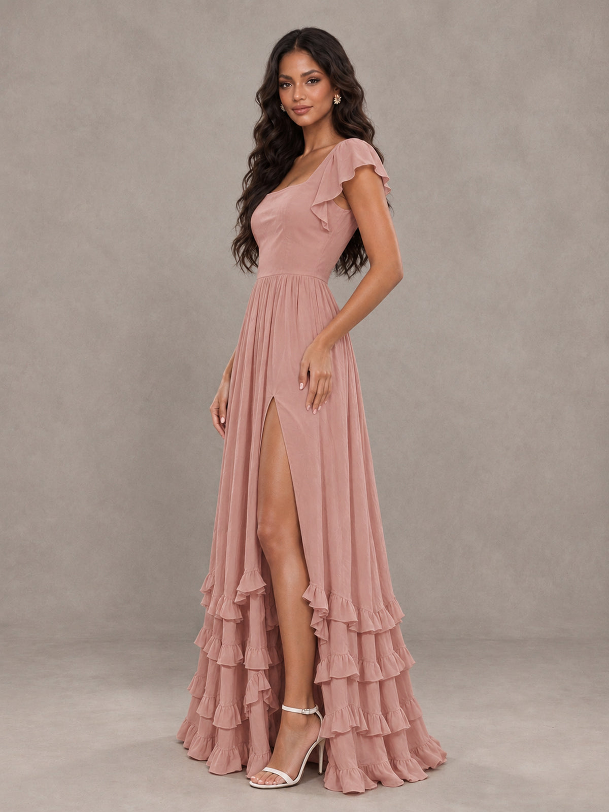 BOLODOO Dusty Rose Flutter Sleeve Ruffle Bridesmaid Dress with Slit - Dusty Rose - Dusty Rose (3)