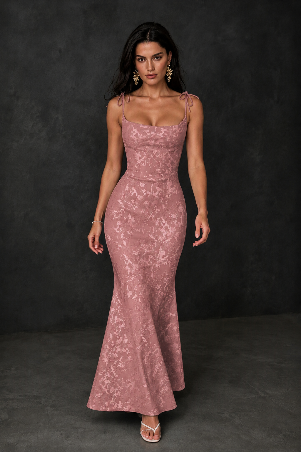 BOLODOO Dusty Rose Scoop Neck Tie Strap Lace-Up Back Floral Jacquard Mermaid Maxi Dress - Dusty Rose