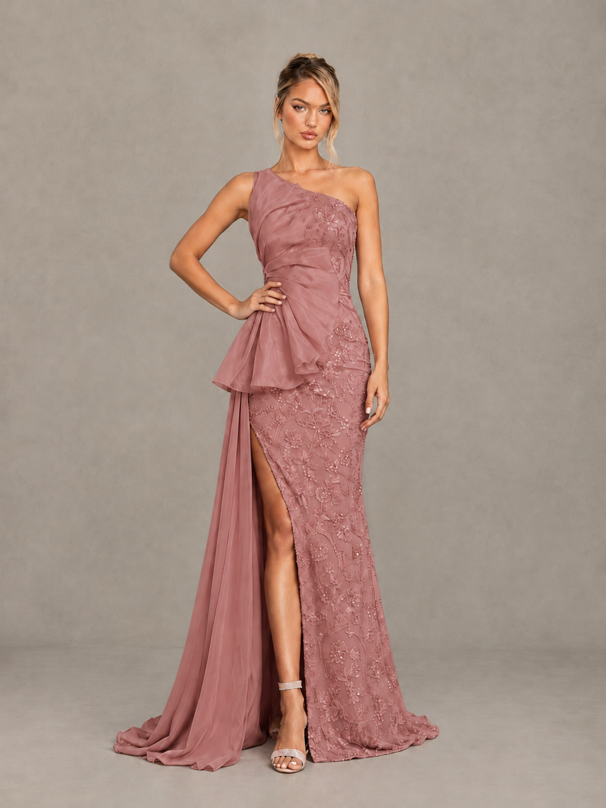 BOLODOO Dusty Rose One-Shoulder Floral Lace Evening Gown with High Slit - Dusty Rose - Dusty Rose (3)