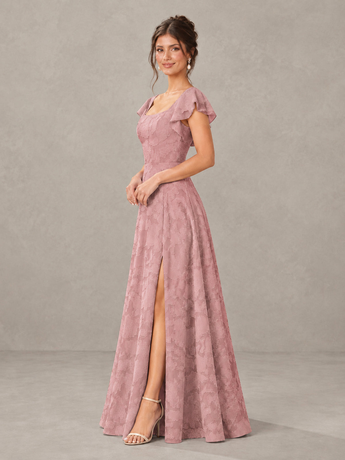BOLODOO Dusty Rose Floral Flutter Sleeve Bridesmaid Dress with Slit - Dusty Rose - Dusty Rose (3)