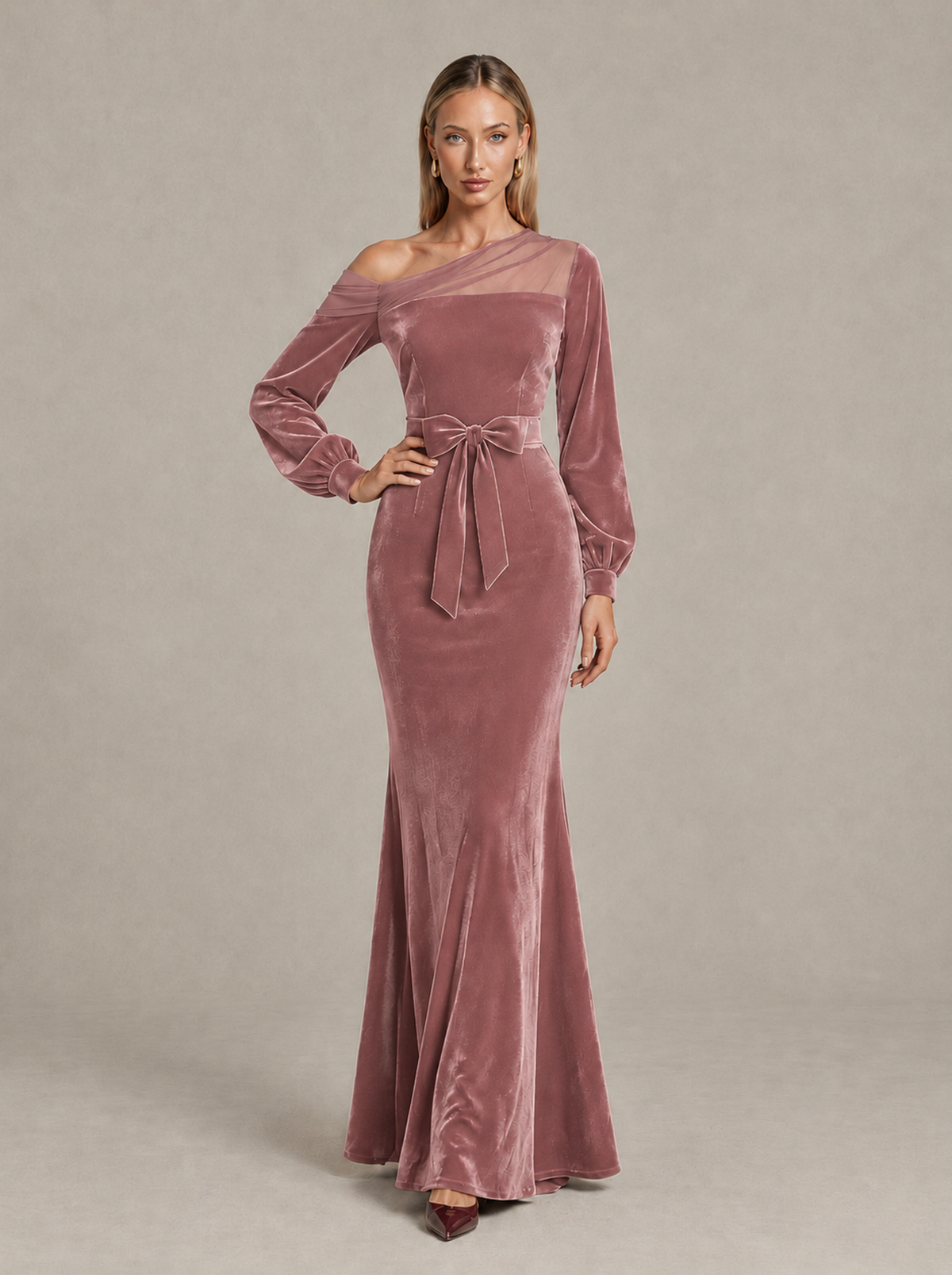 BOLODOO Dusty Rose Velvet Mermaid Evening Dress with Long Sleeves - Dusty Rose - Dusty Rose (3)