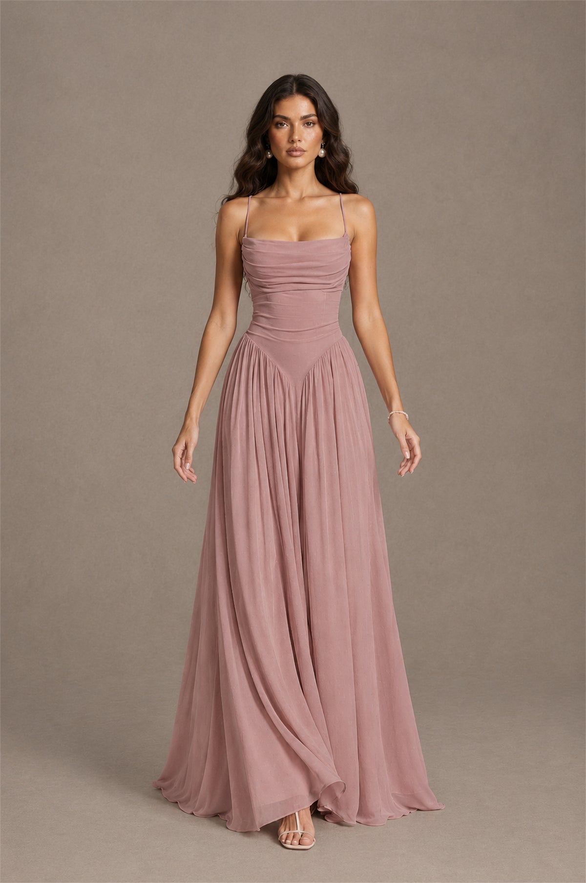 BOLODOO Dusty Rose Spaghetti Strap Square Neck Ruched Chiffon Maxi Dress with Lace-Up Back - Dusty Rose