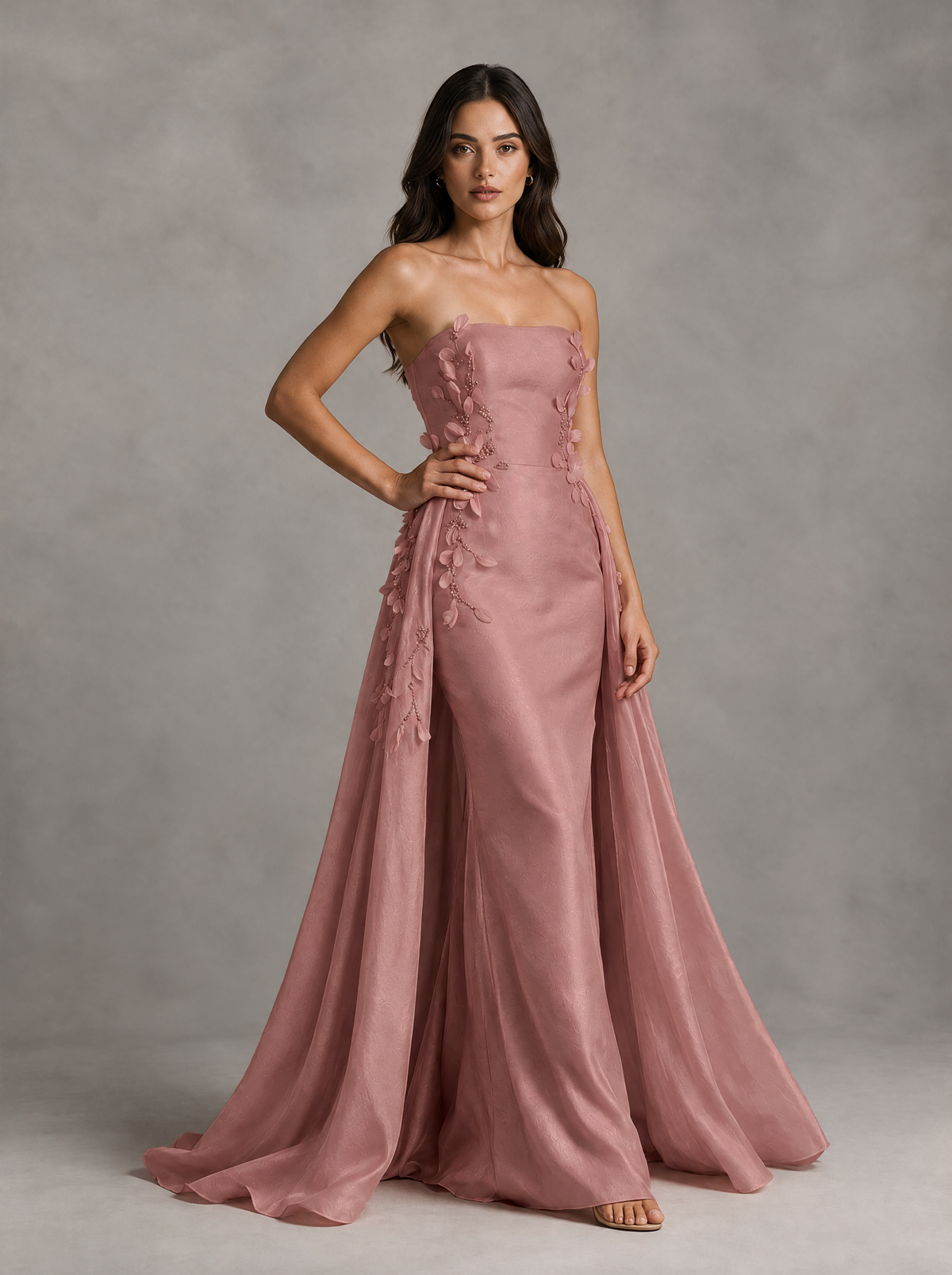 BOLODOO Dusty Rose Strapless Floral Applique Prom Dress with Overskirt - Dusty Rose - Dusty Rose (3)