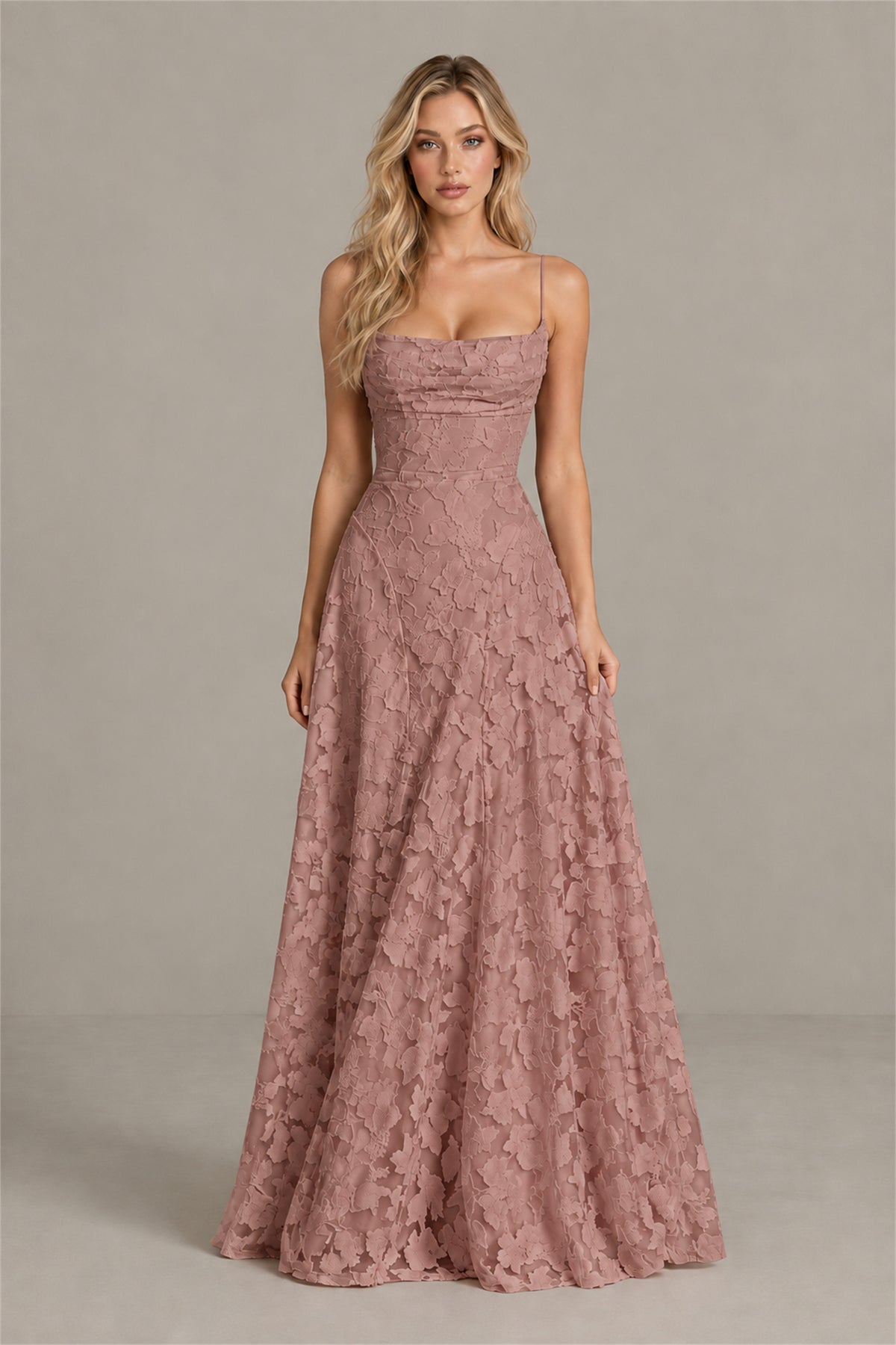 BOLODOO Dusty Rose Floral Appliqué Lace-Up Back Maxi Dress - Dusty Rose