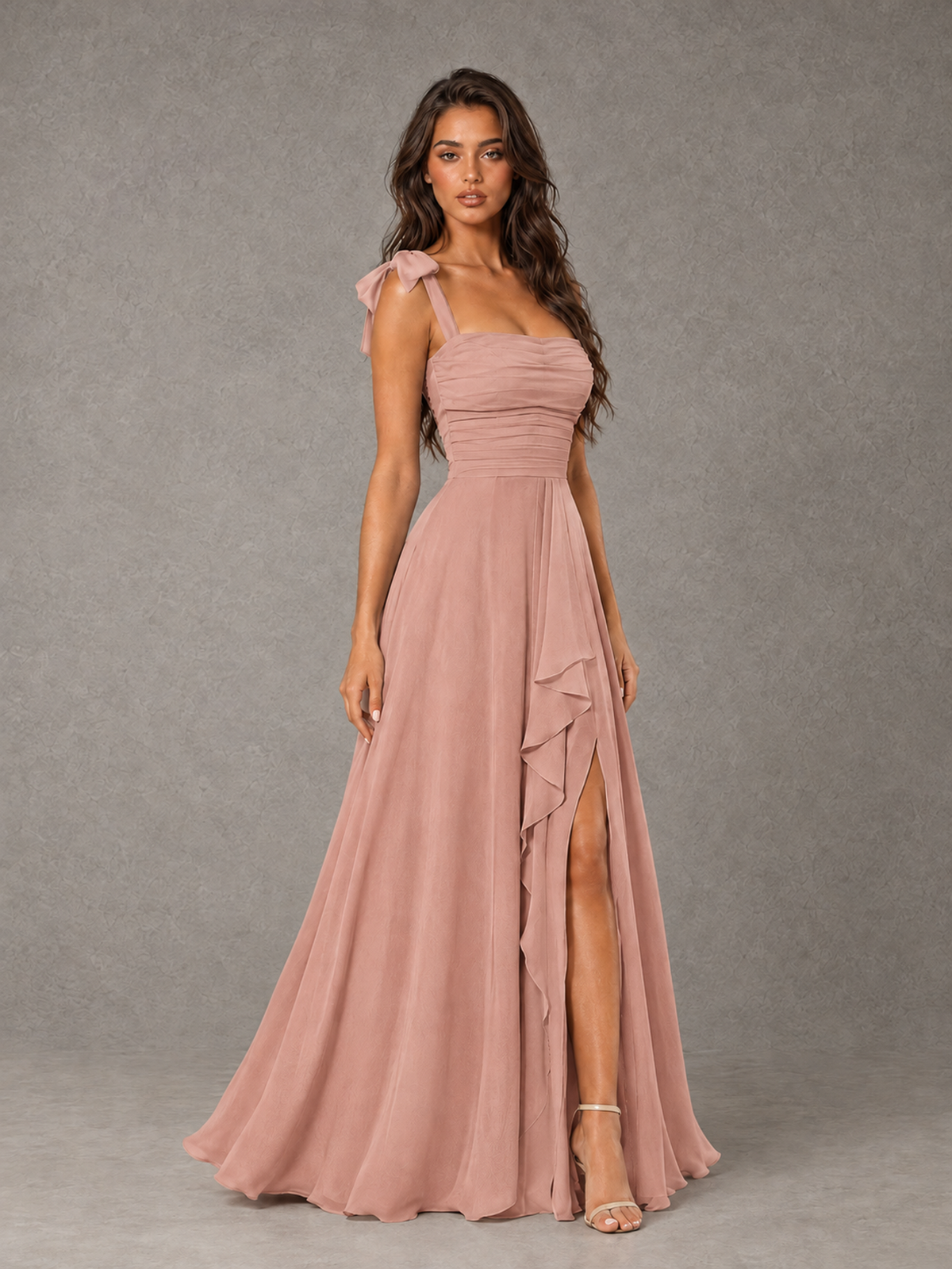 BOLODOO Dusty Rose Bow-Strap Bridesmaid Dress with Ruffle Slit - Dusty Rose - Dusty Rose (3)