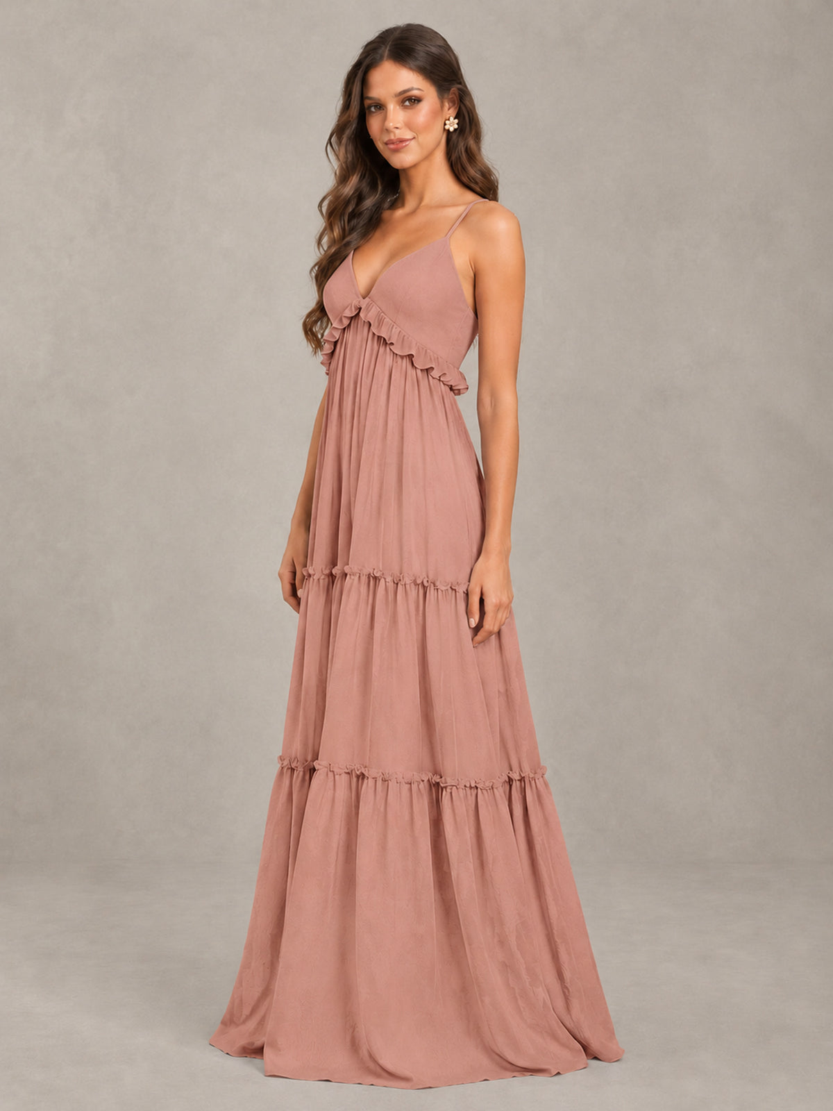 BOLODOO Dusty Rose Tiered V-Neck Lace-Up Back Bridesmaid Dress - Dusty Rose - Dusty Rose (3)