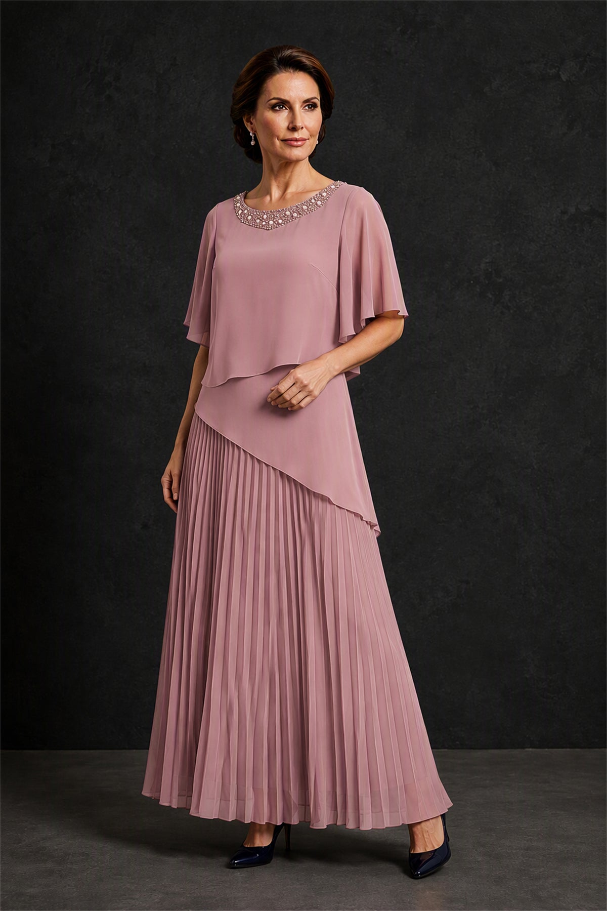 BOLODOO Dusty Rose Pearl Beaded Neck Asymmetric Tiered Flutter Sleeve Pleated Chiffon Maxi Dress - Dusty Rose
