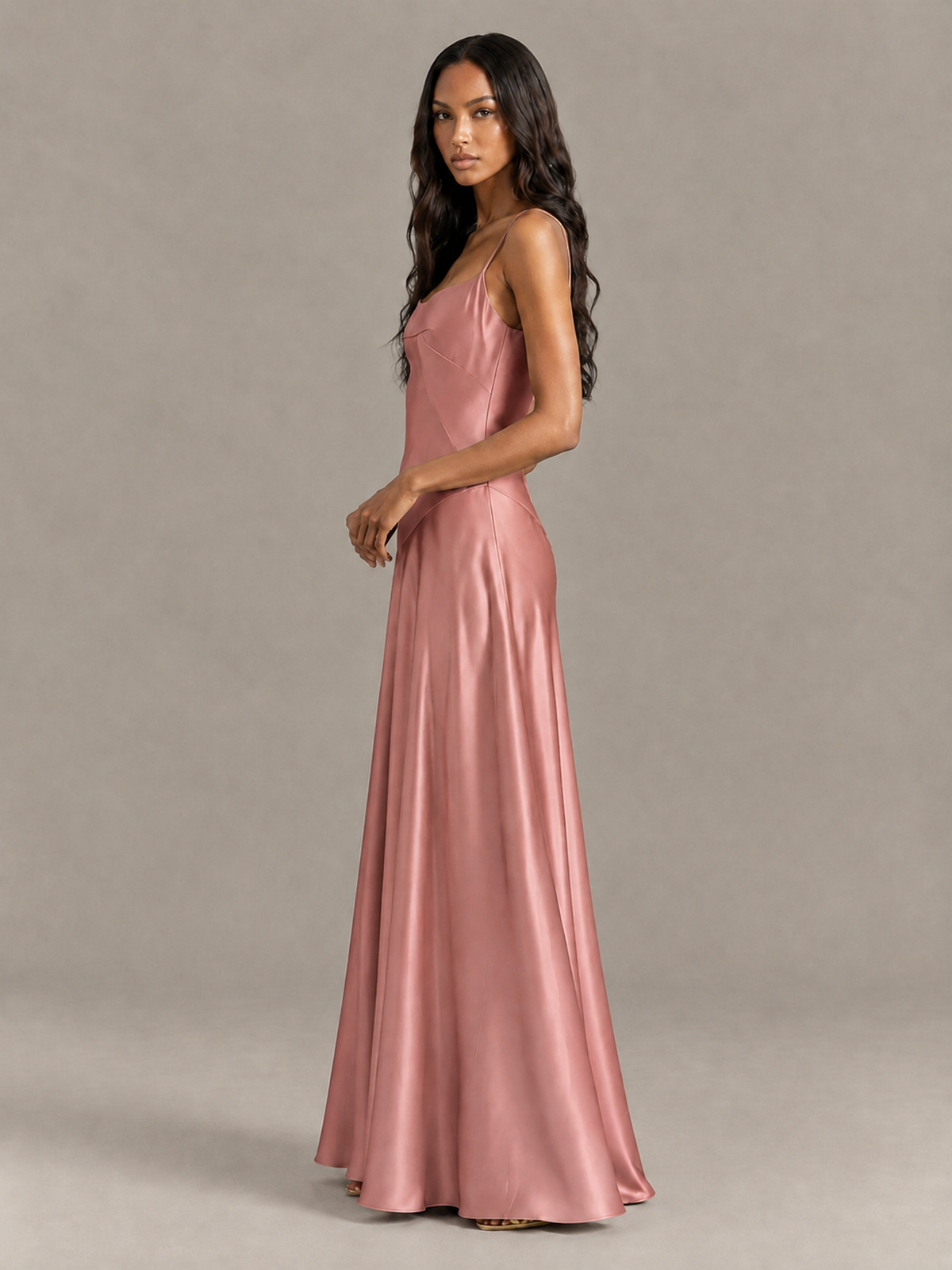 BOLODOO Dusty Rose Satin Lace-Up Back Maxi Dress - Dusty Rose