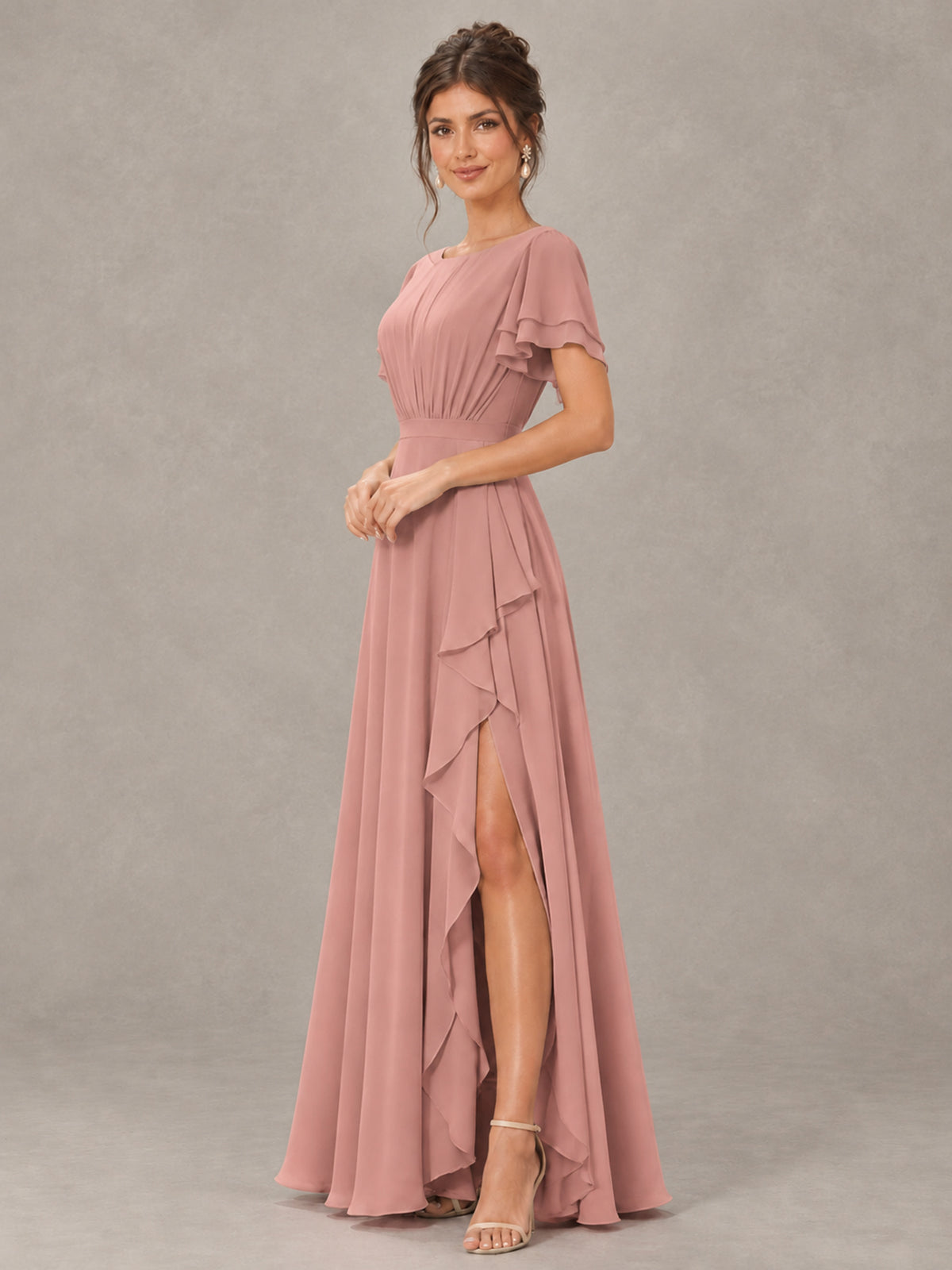 BOLODOO Dusty Rose Flutter Sleeve Ruffle Bridesmaid Dress with Slit - Dusty Rose - Dusty Rose (3)