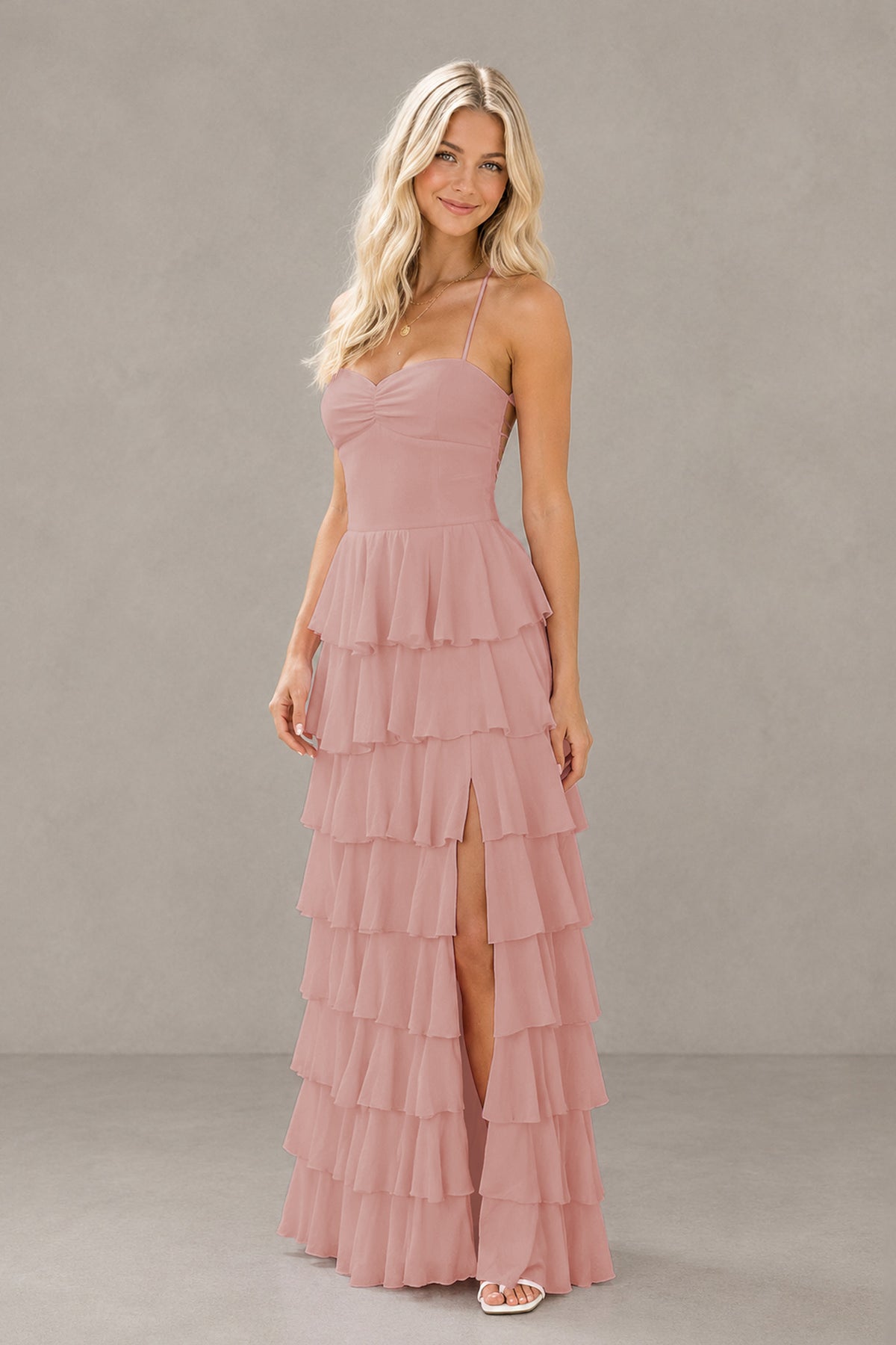 BOLODOO Dusty Rose Strapless Tiered Ruffle Maxi Dress with Slit & Lace-Up Back - Dusty Rose