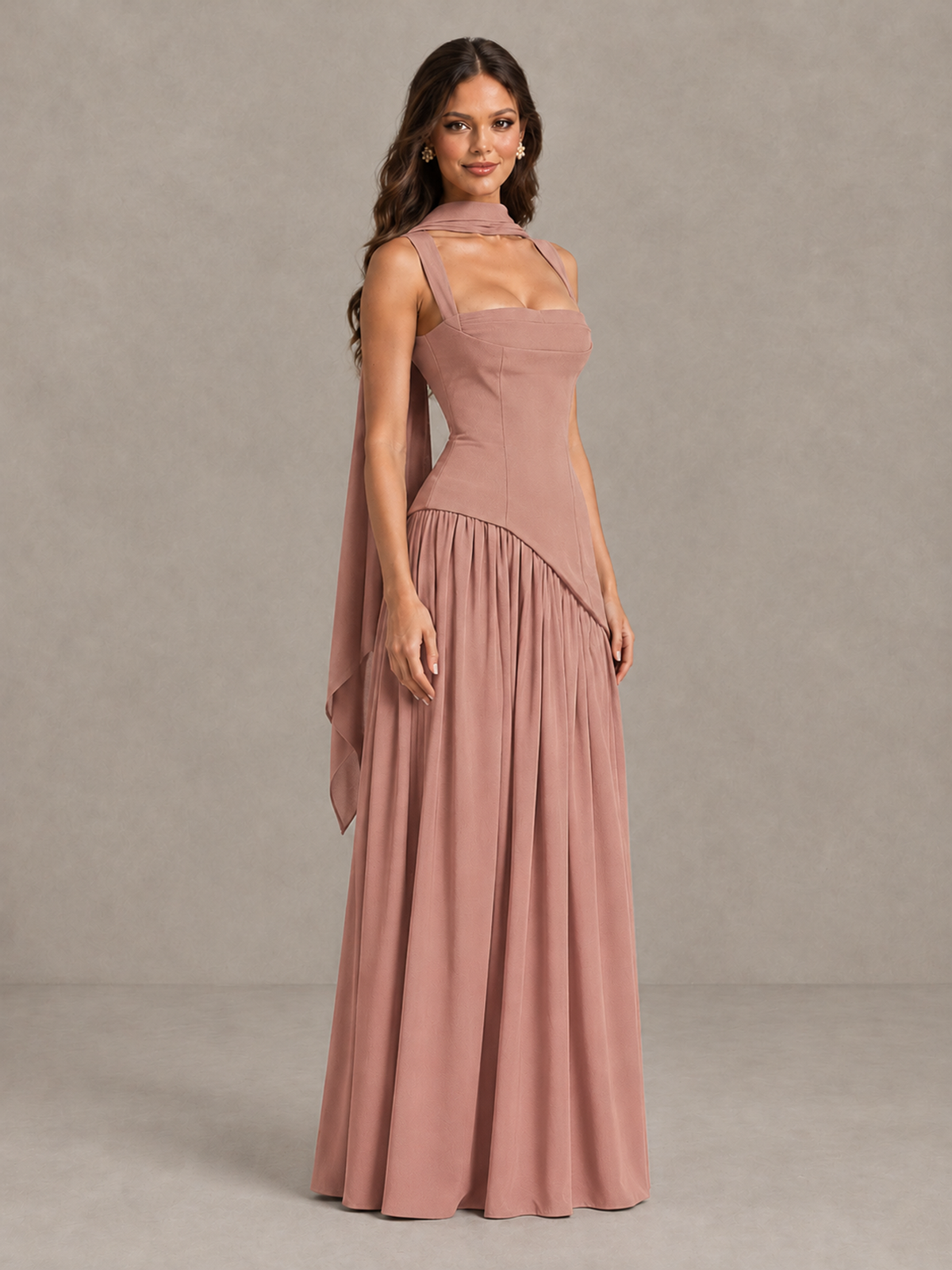 BOLODOO Dusty Rose Brown Scarf Bridesmaid Dress with Lace-Up Back - Dusty Rose - Dusty Rose (3)