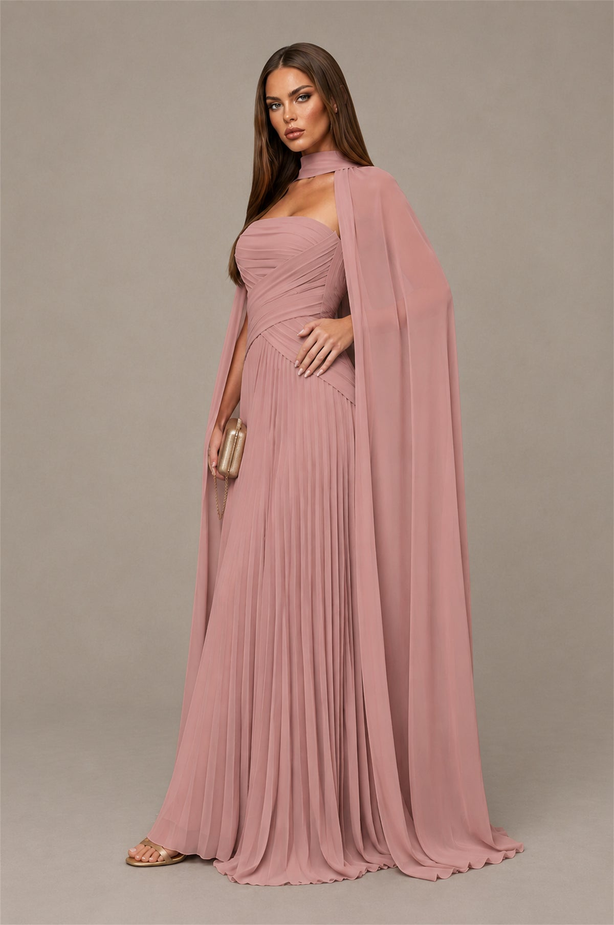 BOLODOO Dusty Rose Strapless Crossover Ruched Bodice Detached Turtleneck Cape Lace-Up Back Pleated Chiffon Maxi Dress - Dusty Rose